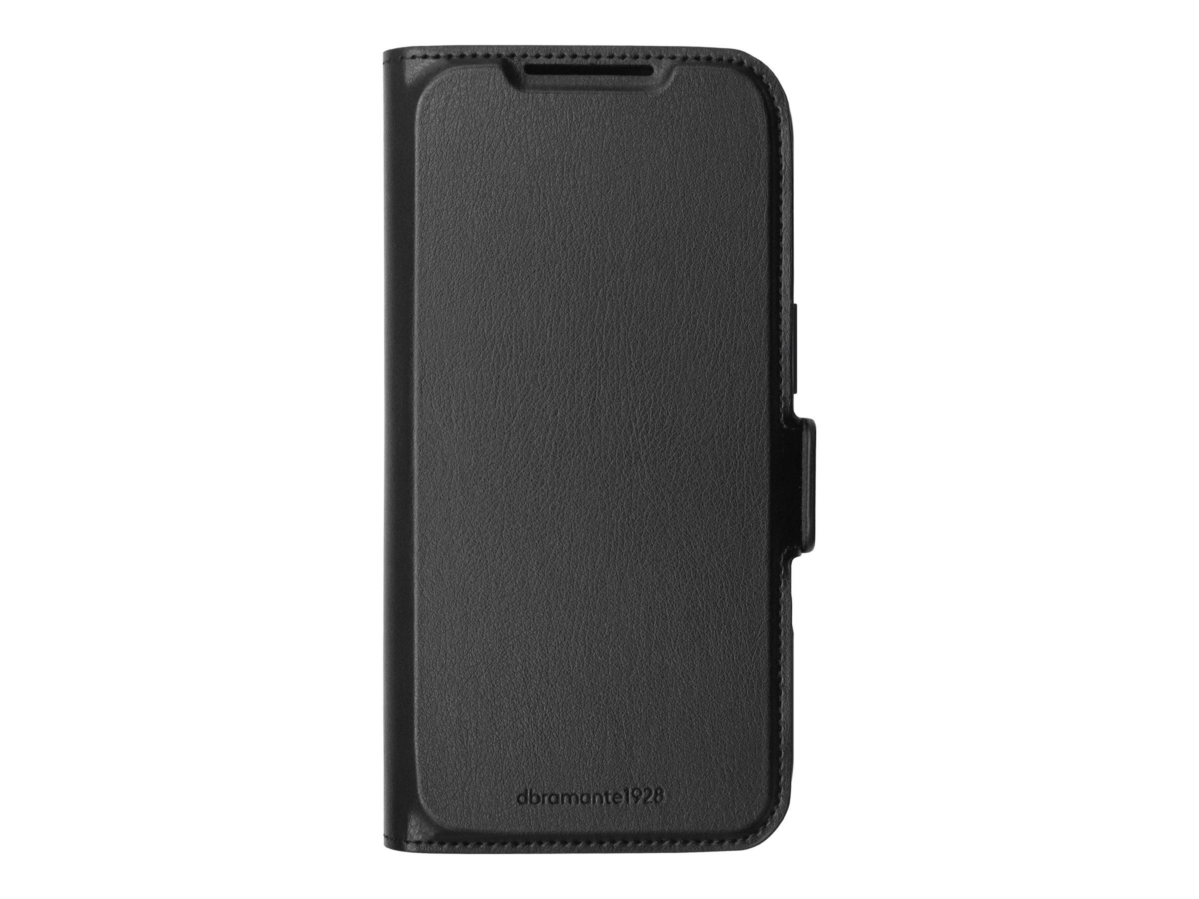 Schwarze strukturierte Klappphone-Hülle mit magnetischem Verschluss und Aussparung für Lautsprecher oder Kamera, Vorderansicht auf weißem Hintergrund
