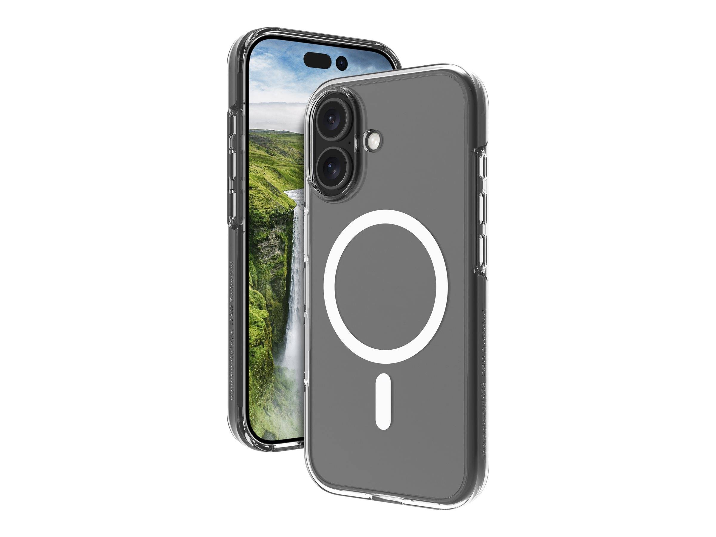 Zwei Smartphones werden gezeigt, wobei eines einen malerischen Wasserfall auf dem Bildschirm präsentiert. Das andere Telefon zeigt ein schlankes, transparentes Gehäuse mit einer kreisförmigen Gestaltung.