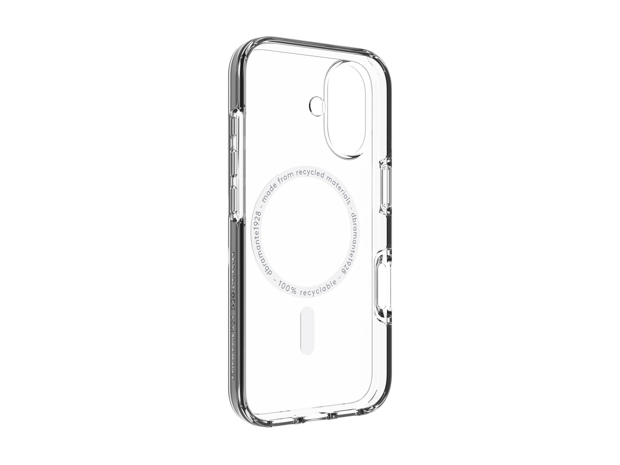 Eine transparente Handyhülle mit einem kreisförmigen Design, das den Text '100% recycelbar, hergestellt aus recycelten Materialien' hervorhebt und Nachhaltigkeit betont.