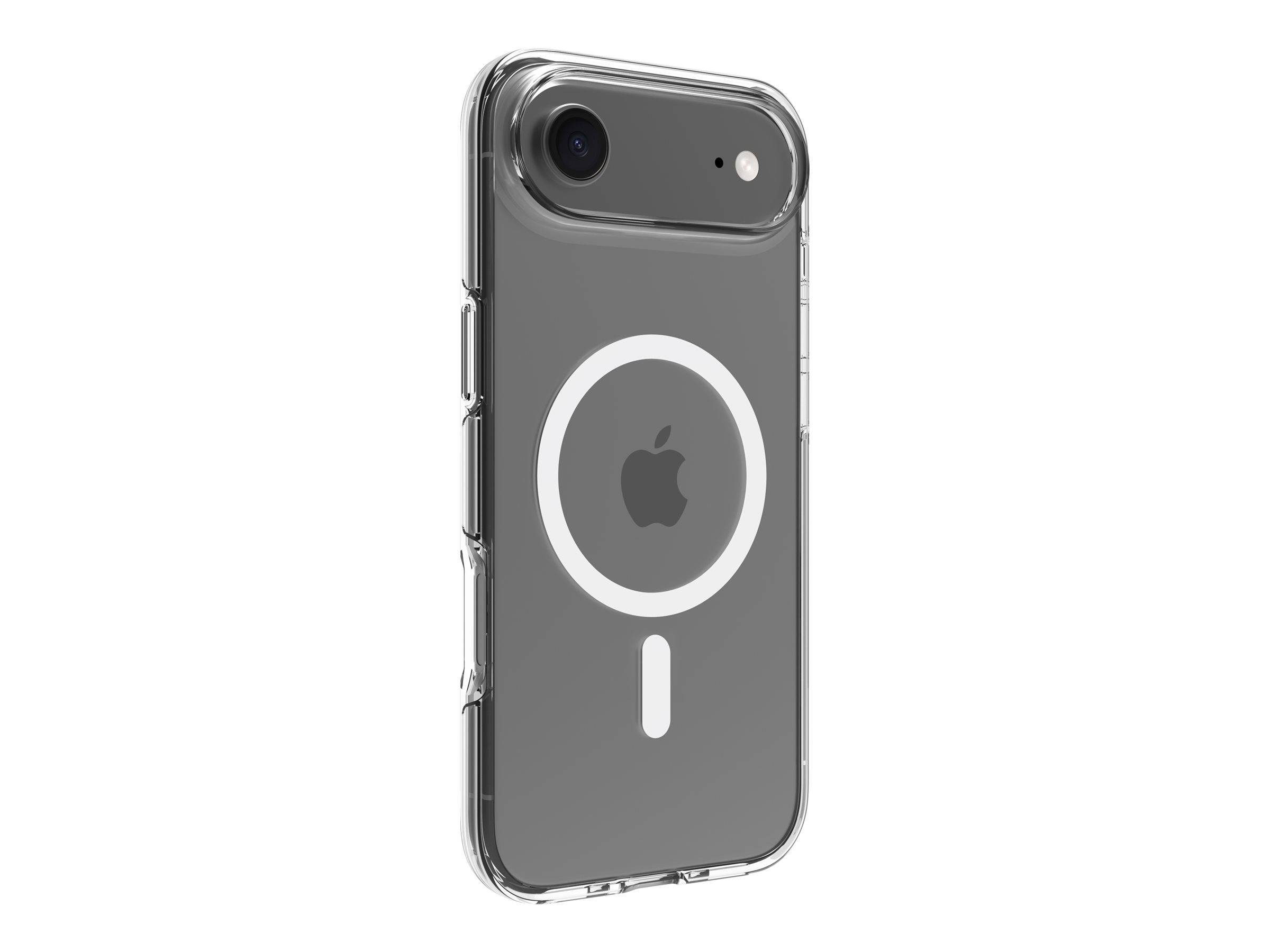 Klare Schutzhülle auf einem grauen iPhone mit MagSafe-Ring und Apple-Logo, von hinten im Winkel fotografiert.