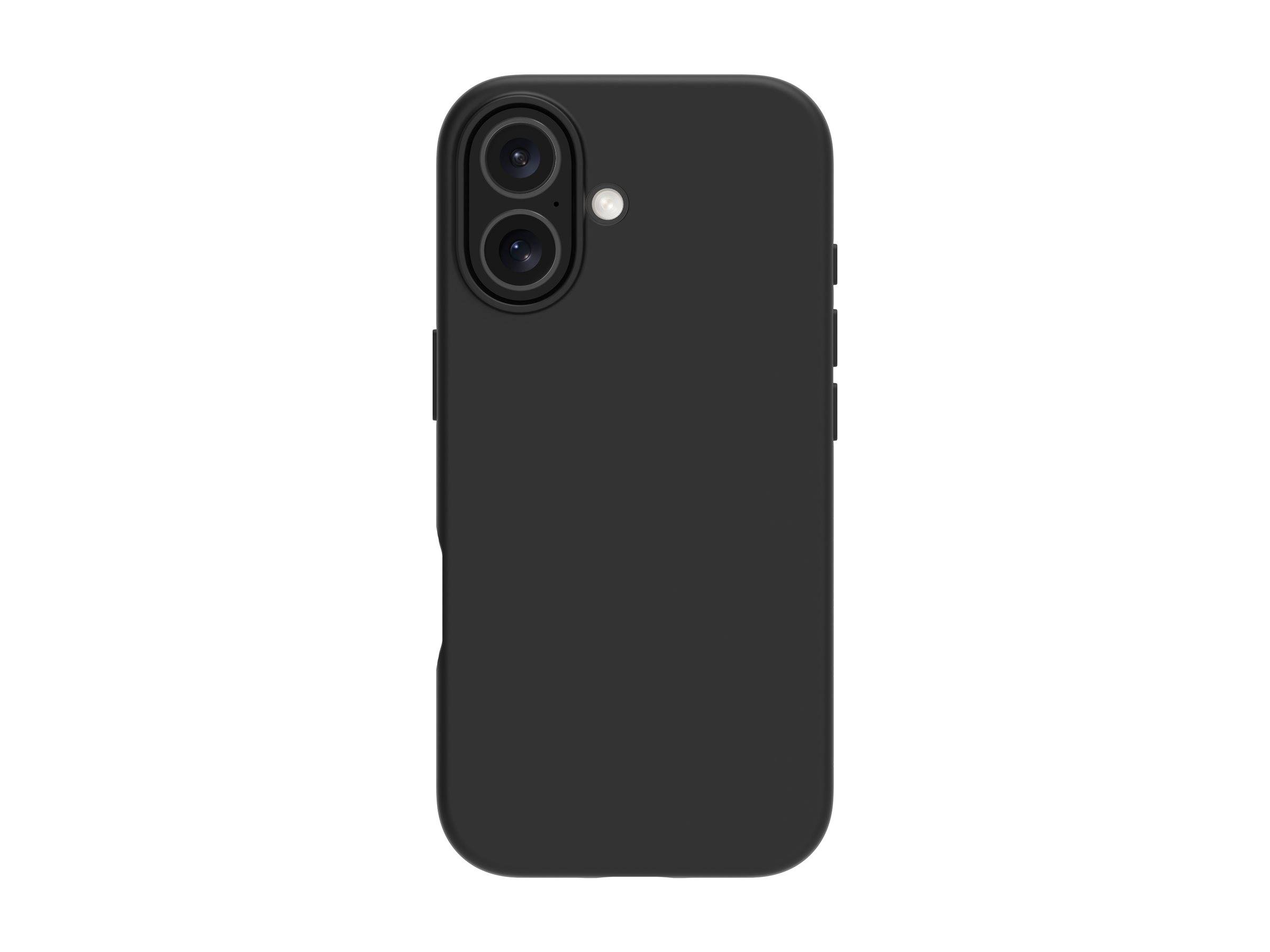 Ein schwarzes Smartphone mit zwei Rückkameras und einem Blitz auf der Rückseite. Das Telefon ist vertikal ausgerichtet.