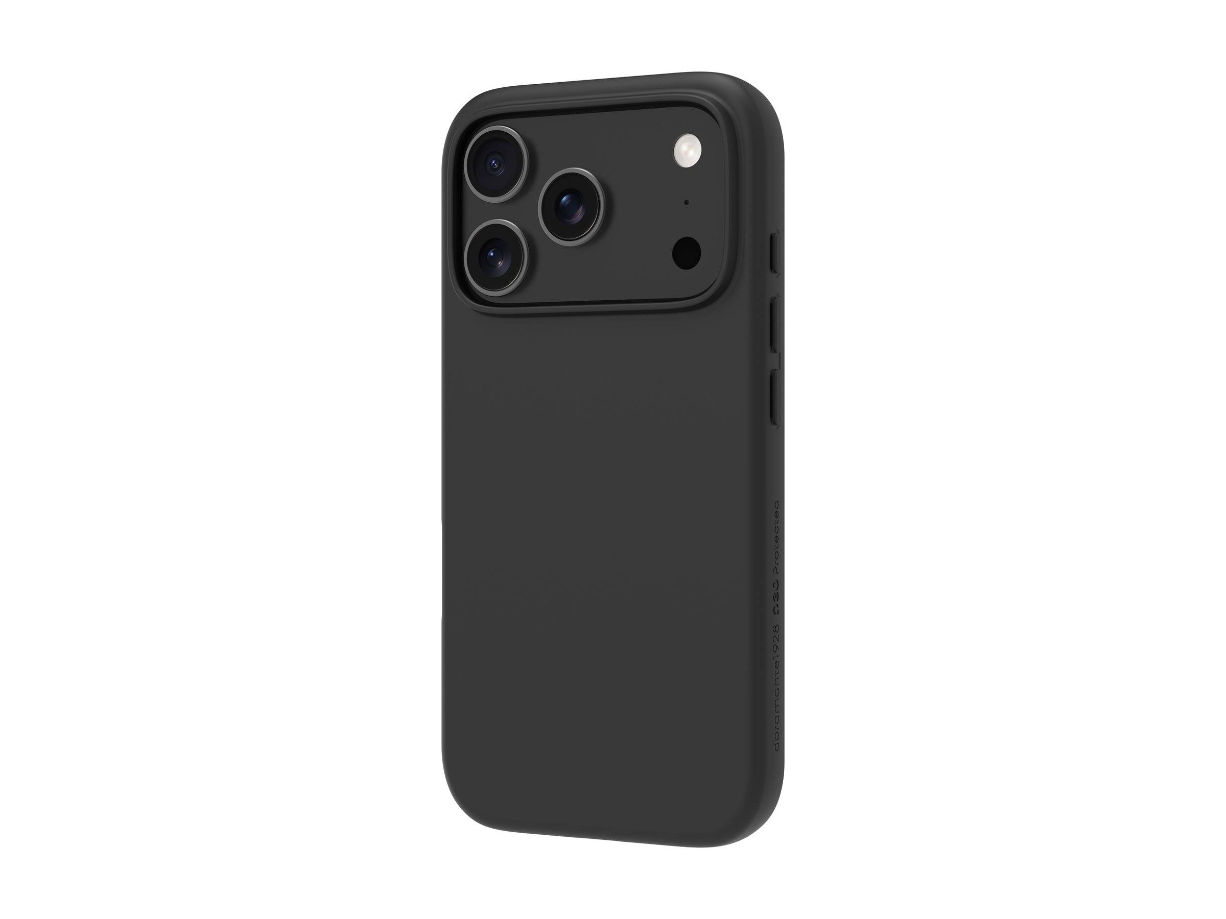 Eine schwarze Smartphone-Hülle mit drei Kameraausschnitten und einer Blitzöffnung, die für ein modernes Telefonmodell mit seitlichen Tastenausschnitten geeignet ist.