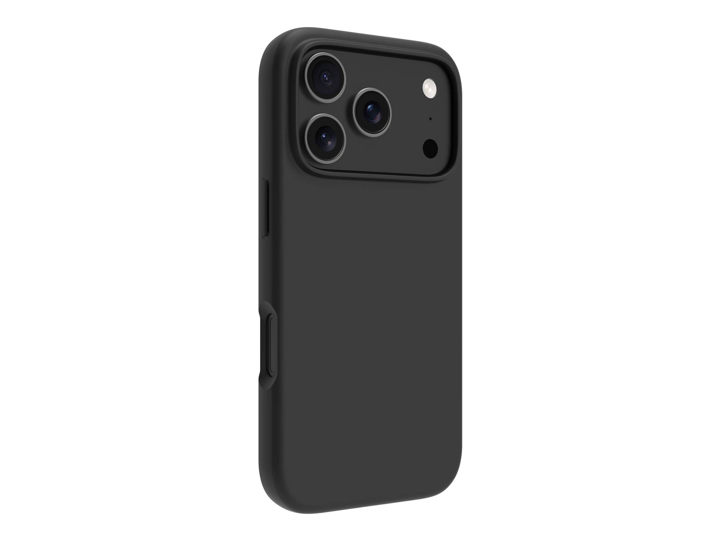 Schwarze Smartphone-Hülle mit erhöhtem Kameraausschnitt und Zugang zu den Seitentasten, gezeigt auf weißem Hintergrund.