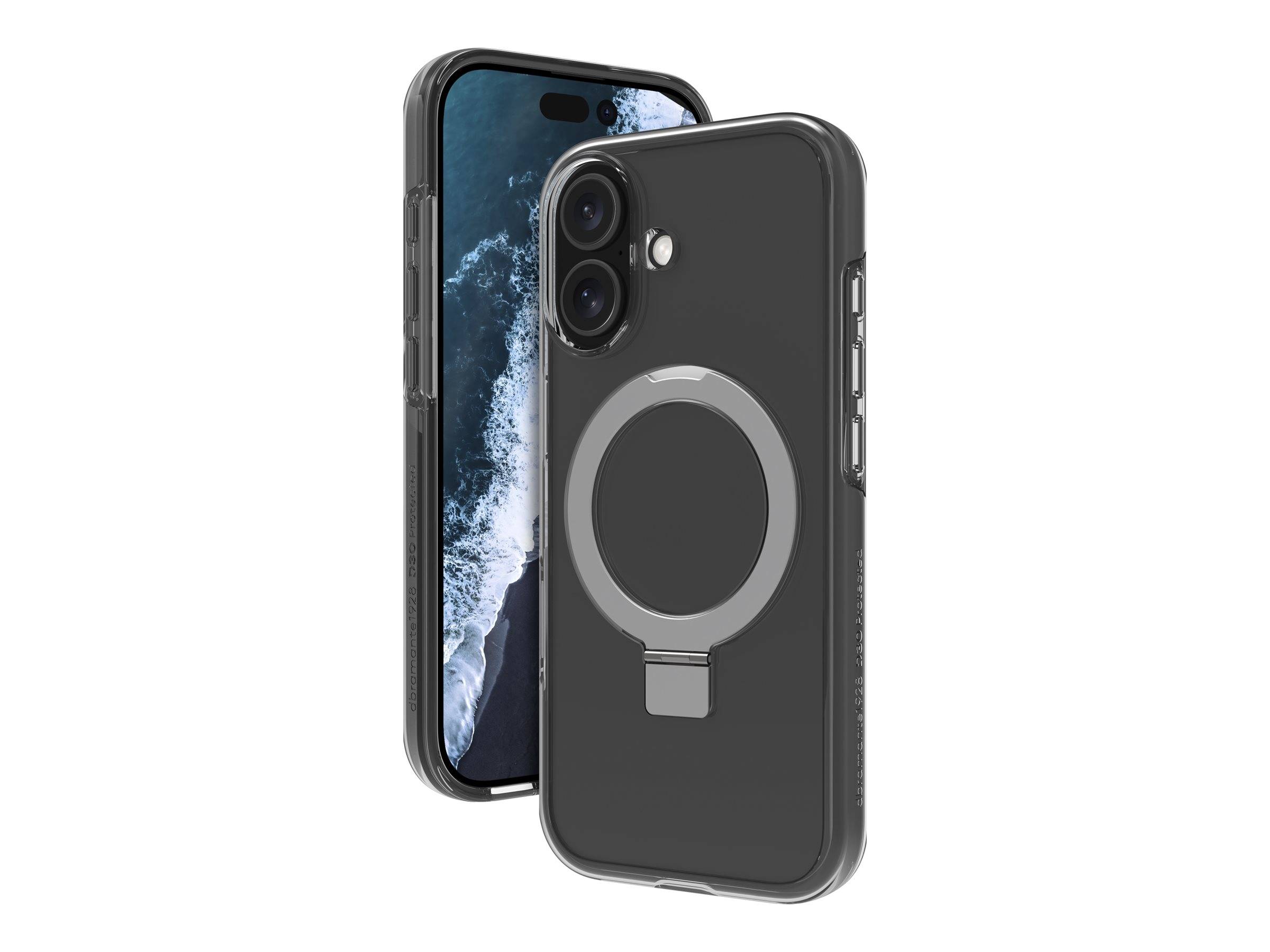 Ein Smartphone mit einem robusten grauen Gehäuse, das auf der Rückseite ein kreisförmiges Ringdesign aufweist. Das Telefon zeigt ein wellenthematisiertes Hintergrundbild.