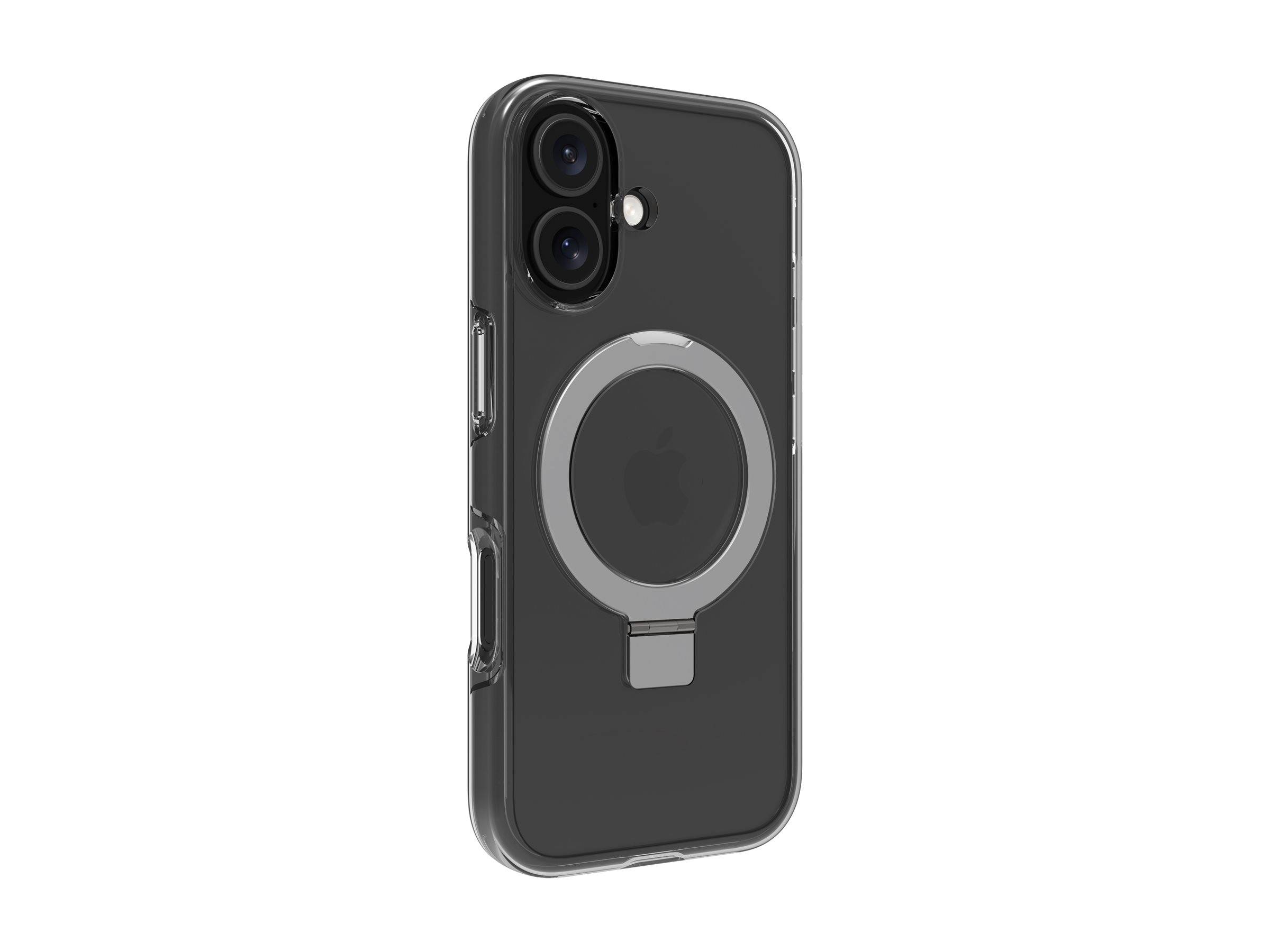 Schwarze Smartphone-Hülle mit einem kreisförmigen MagSafe-ähnlichen Ring und Ausschnitten für Doppelkameras und Seitentasten, gezeigt auf weißem Hintergrund