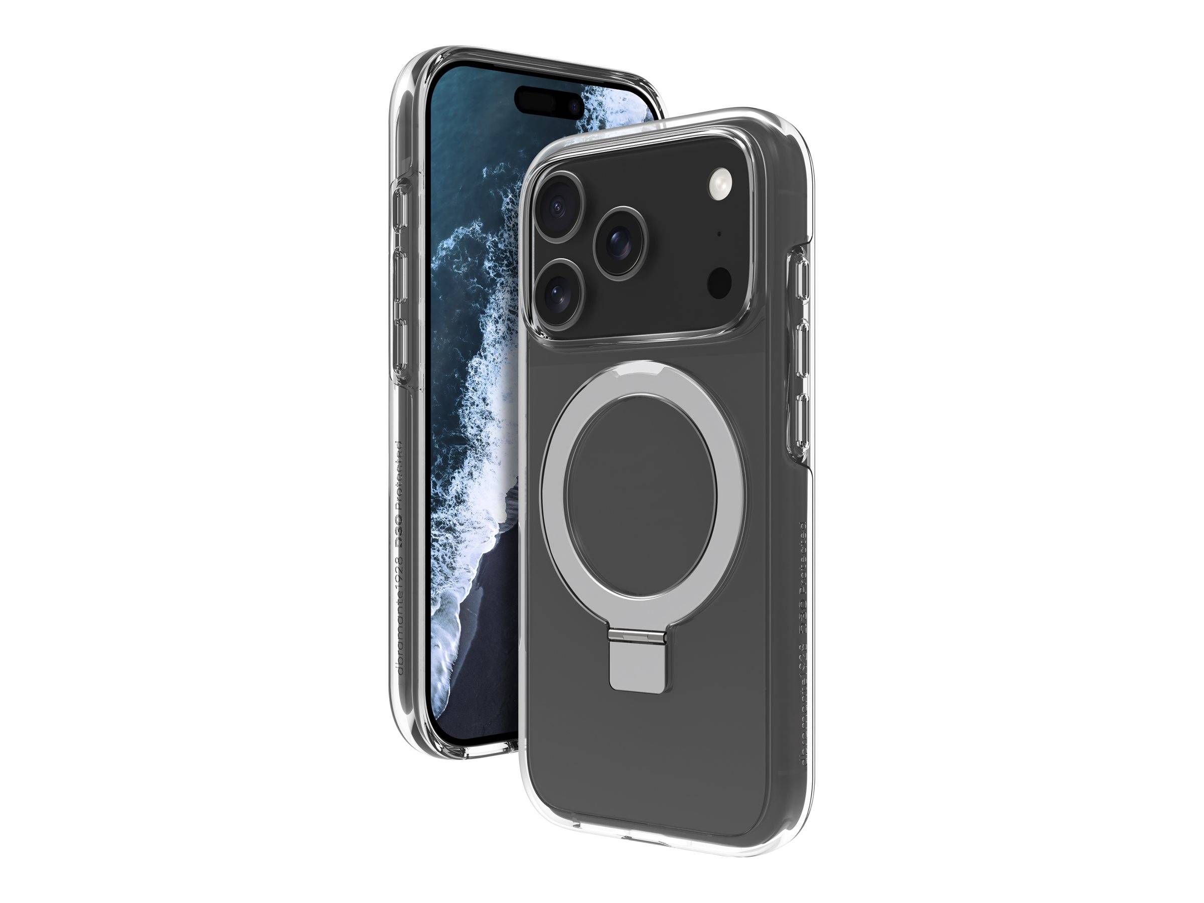 Zwei Smartphones mit durchsichtigen Schutzhüllen werden präsentiert. Das Telefon im Hintergrund zeigt eine Welle auf dem Bildschirm. Das Telefon im Vordergrund ist auf die Rückseite gedreht und zeigt drei Kameraobjektive sowie einen kreisförmigen magnetischen Ring.