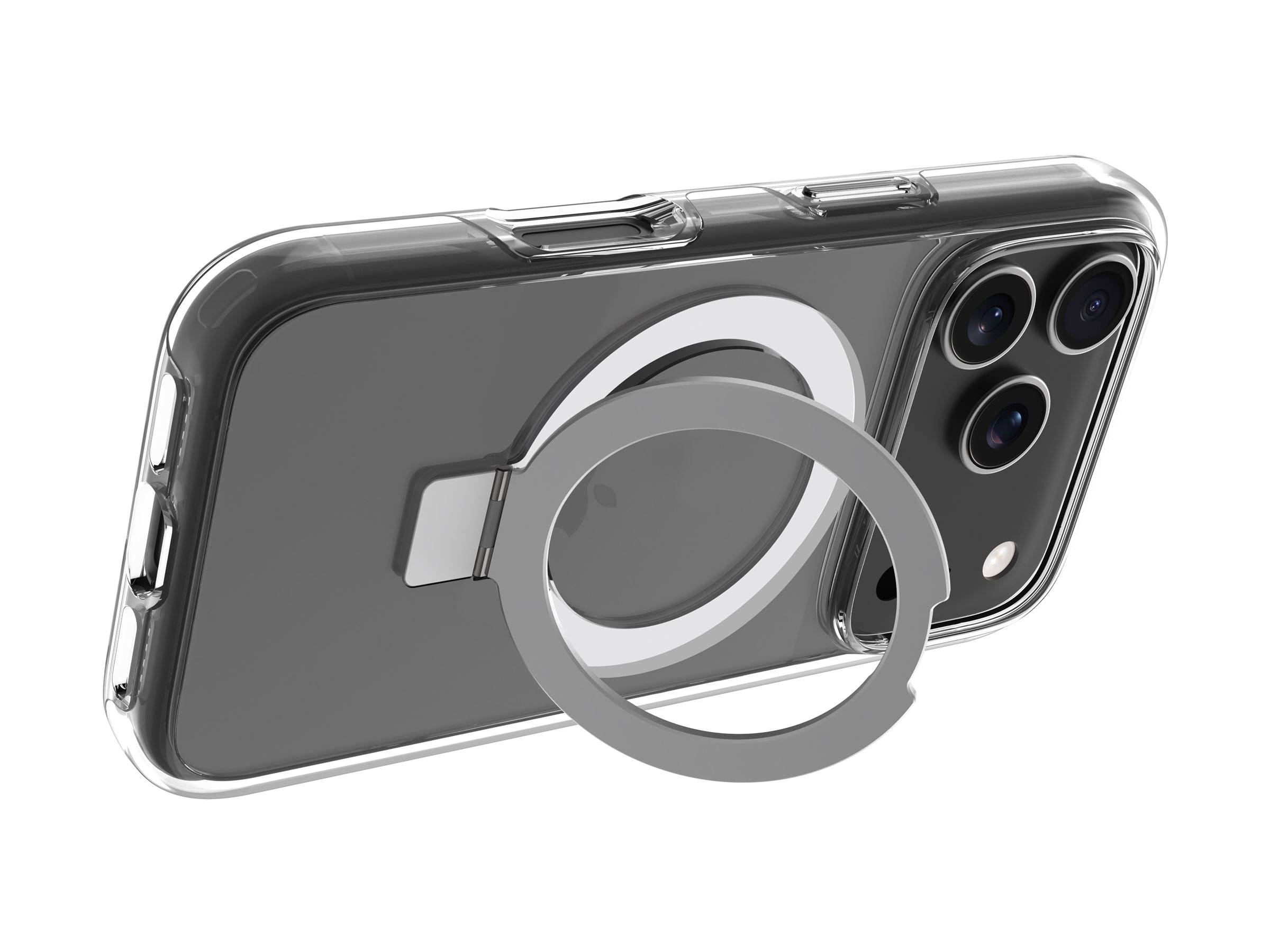 Ein grauer Smartphone-Etui mit einem kreisförmigen Ringständer, der auf der Rückseite links neben den drei Kameraobjektiven angebracht ist.