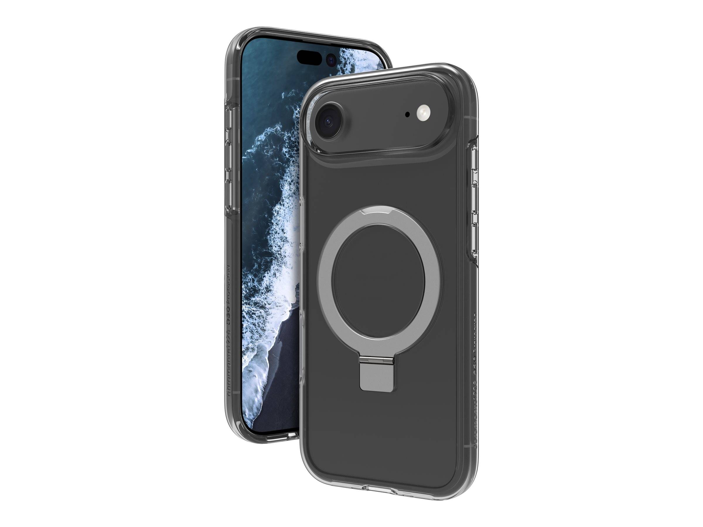 Zwei Smartphones in transparenten Schutzhüllen, eines mit einem Magnetring auf der Rückseite und das andere mit einem dunklen Ozean-Hintergrundbild.