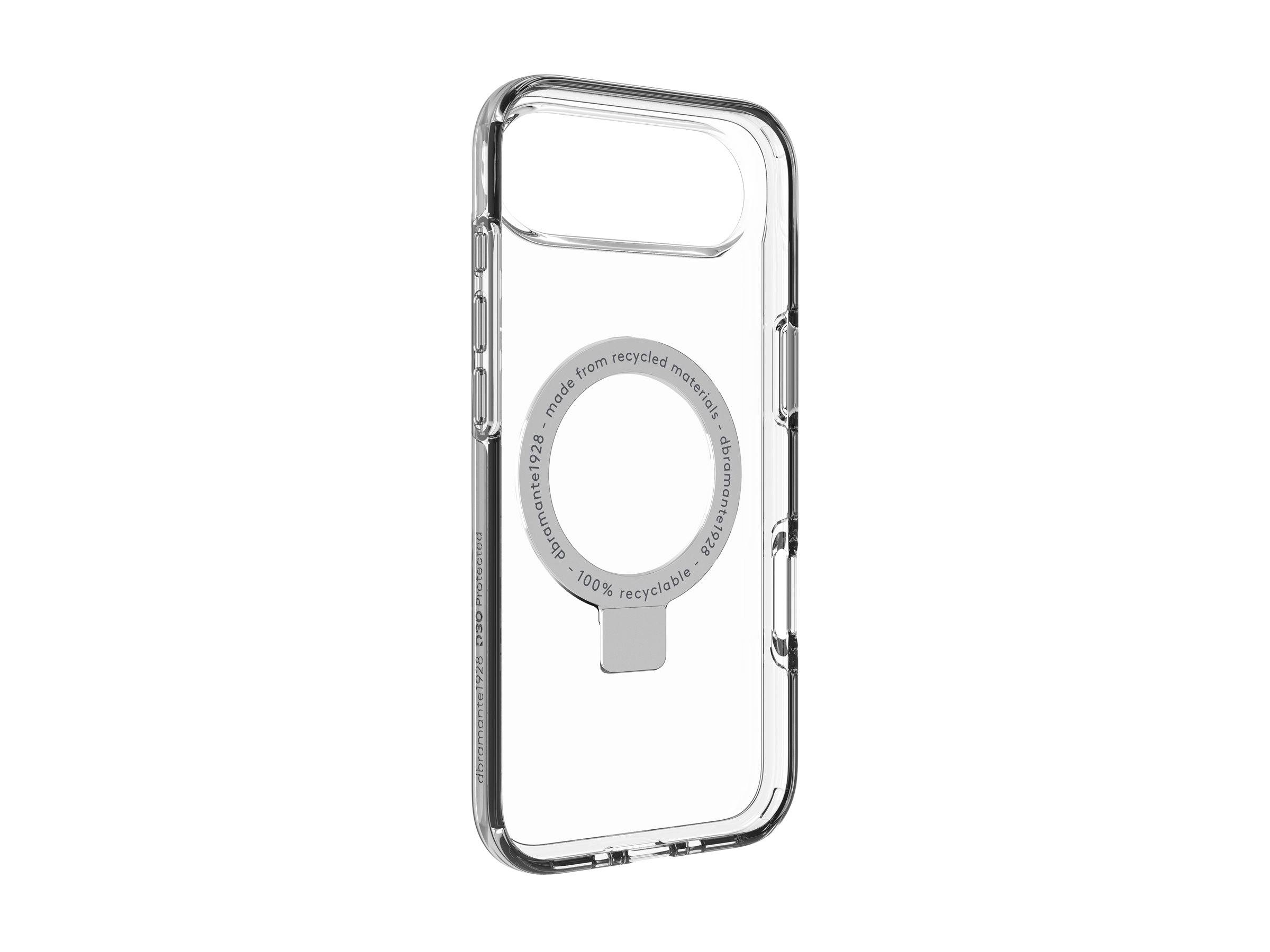 Transparente Handyhülle mit einer kreisrunden Aussparung auf der Rückseite, gekennzeichnet mit '100% recycelbar' und 'aus recycelten Materialien hergestellt'.