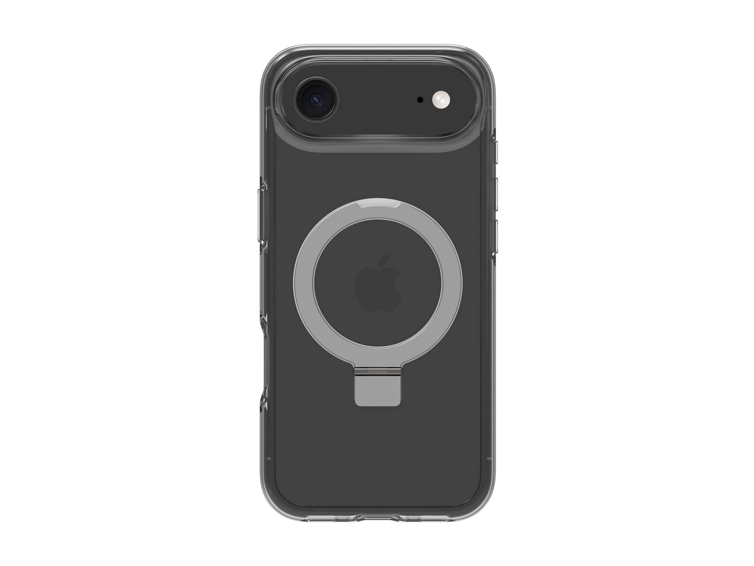 Ein schwarzes iPhone mit einer durchsichtigen, robusten Hülle, die einen kreisförmigen MagSafe-Ring auf der Rückseite aufweist und so die Haltbarkeit verbessert und die Kompatibilität mit drahtlosem Laden erhöht.