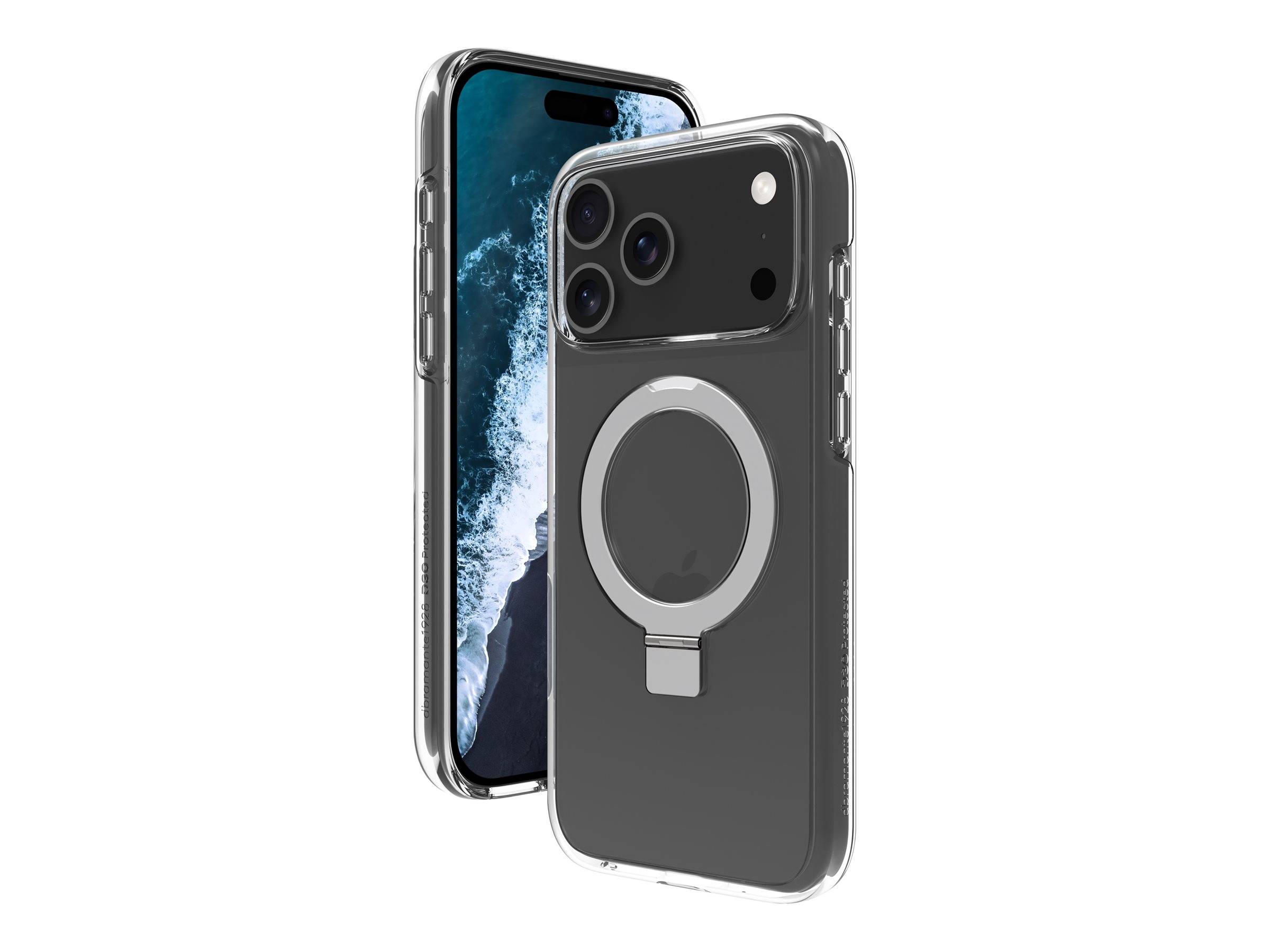 Zwei Smartphones, die sich Rücken an Rücken in klaren Schutzhüllen befinden, wobei eines einen MagSafe-ähnlichen Ring auf der Rückseite anzeigt.
