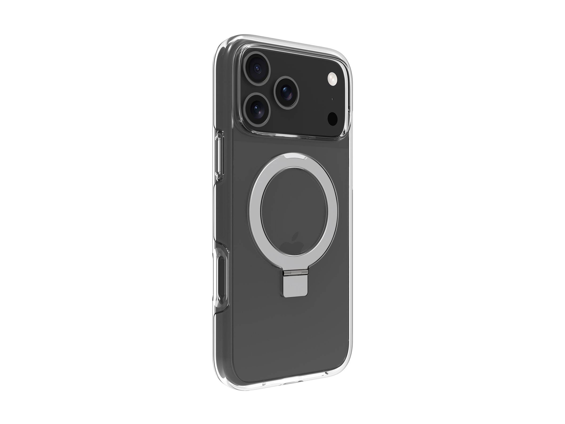 Ein schwarzes Smartphone in einer transparenten Schutzhülle mit einem kreisförmigen, MagSafe-ähnlichen Magnetring auf der Rückseite.