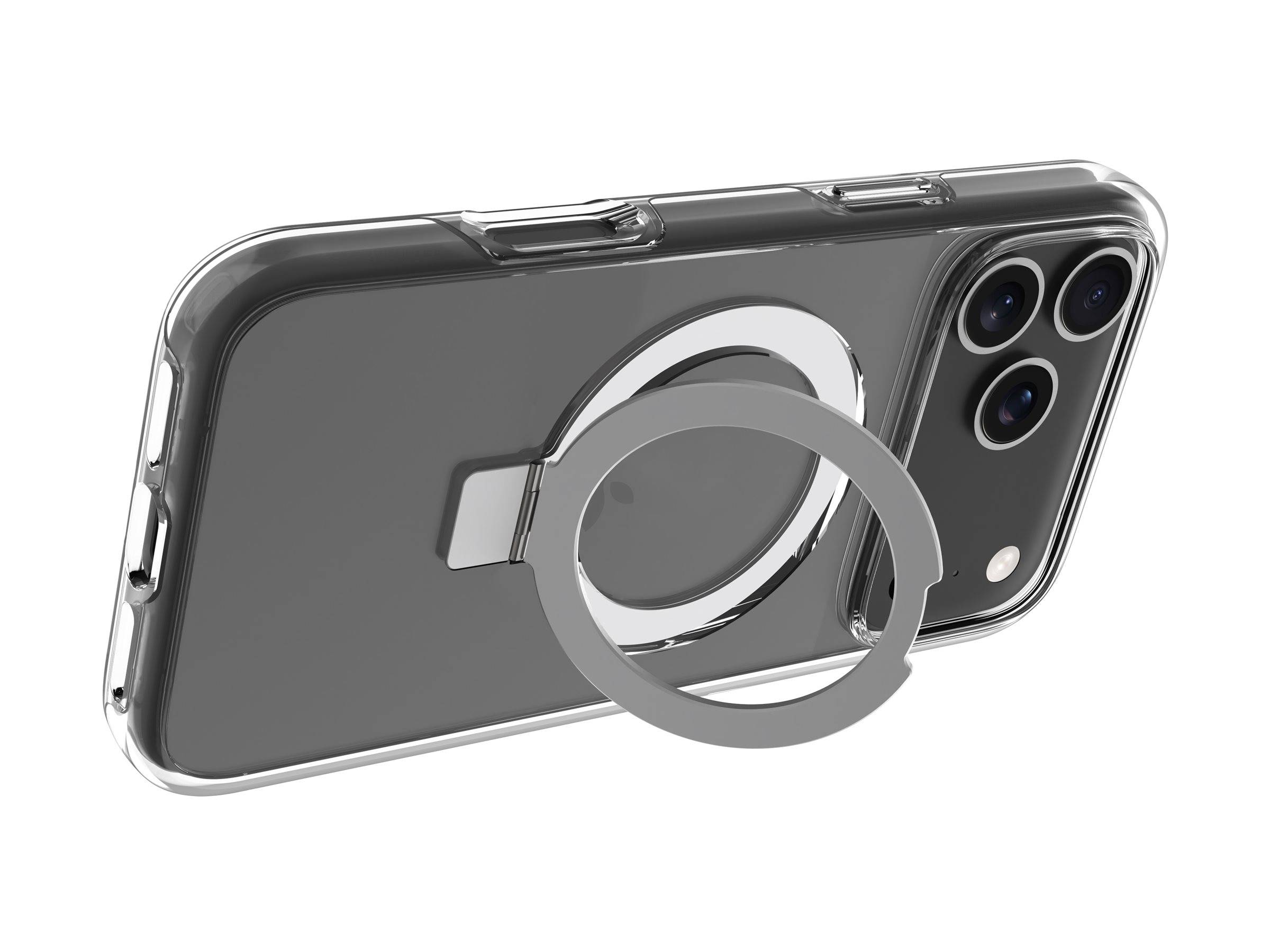 Ein schlankes schwarzes Smartphone mit einer transparenten Hülle, das einen kreisförmigen Metallring auf der Rückseite aufweist, der wahrscheinlich zur Griffunterstützung oder Befestigung dient.