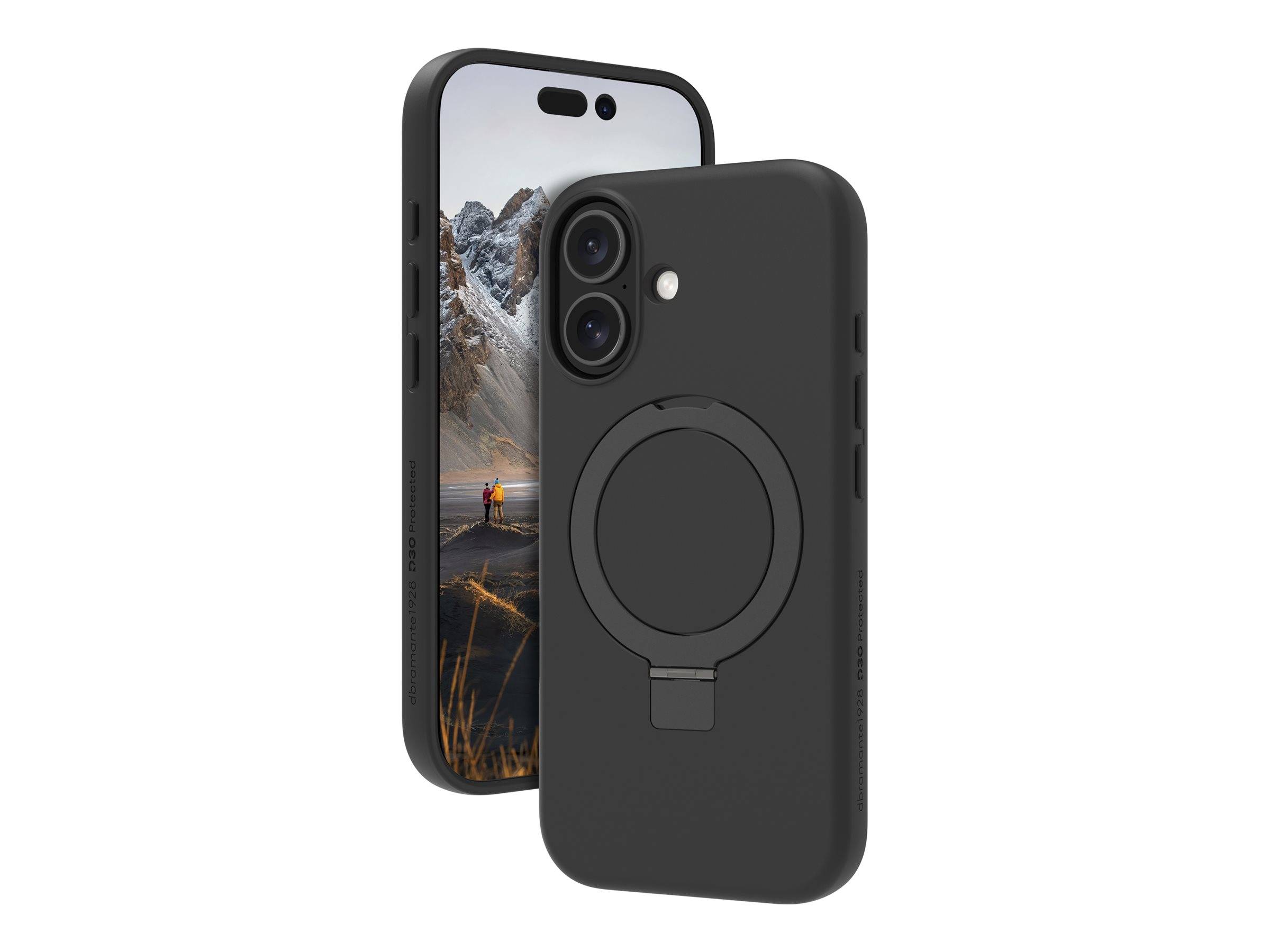 Eine schwarze Handyhülle mit einem Ringhalter, die auf einem gefalteten Ständer präsentiert wird und eine Berglandschafts-Bildschirmansicht zeigt.