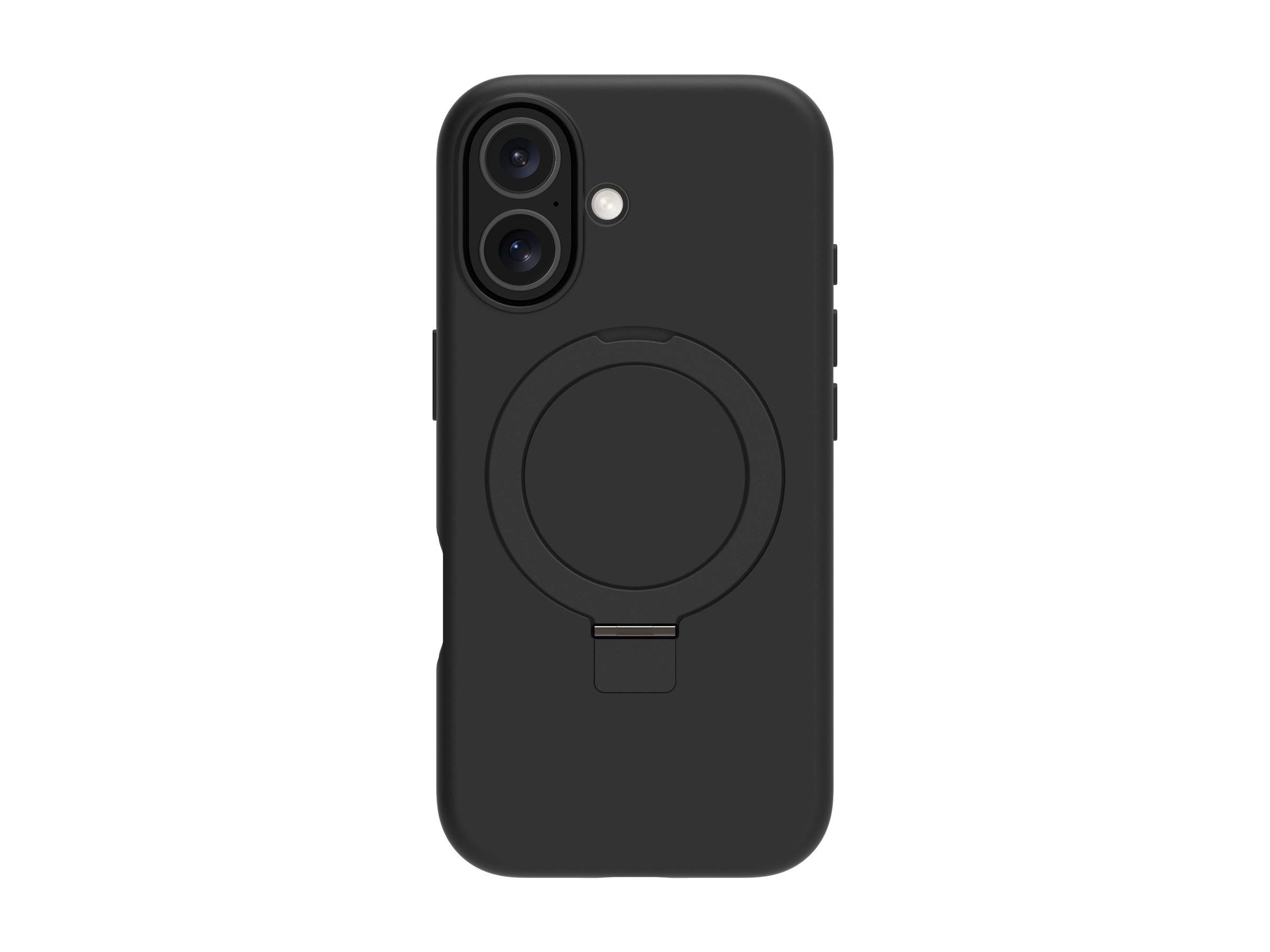 Eine schwarze Smartphone-Hülle mit Aussparungen für eine Dual-Kamera und einem zentralen kreisförmigen Halter oder Ringständer auf der Rückseite.