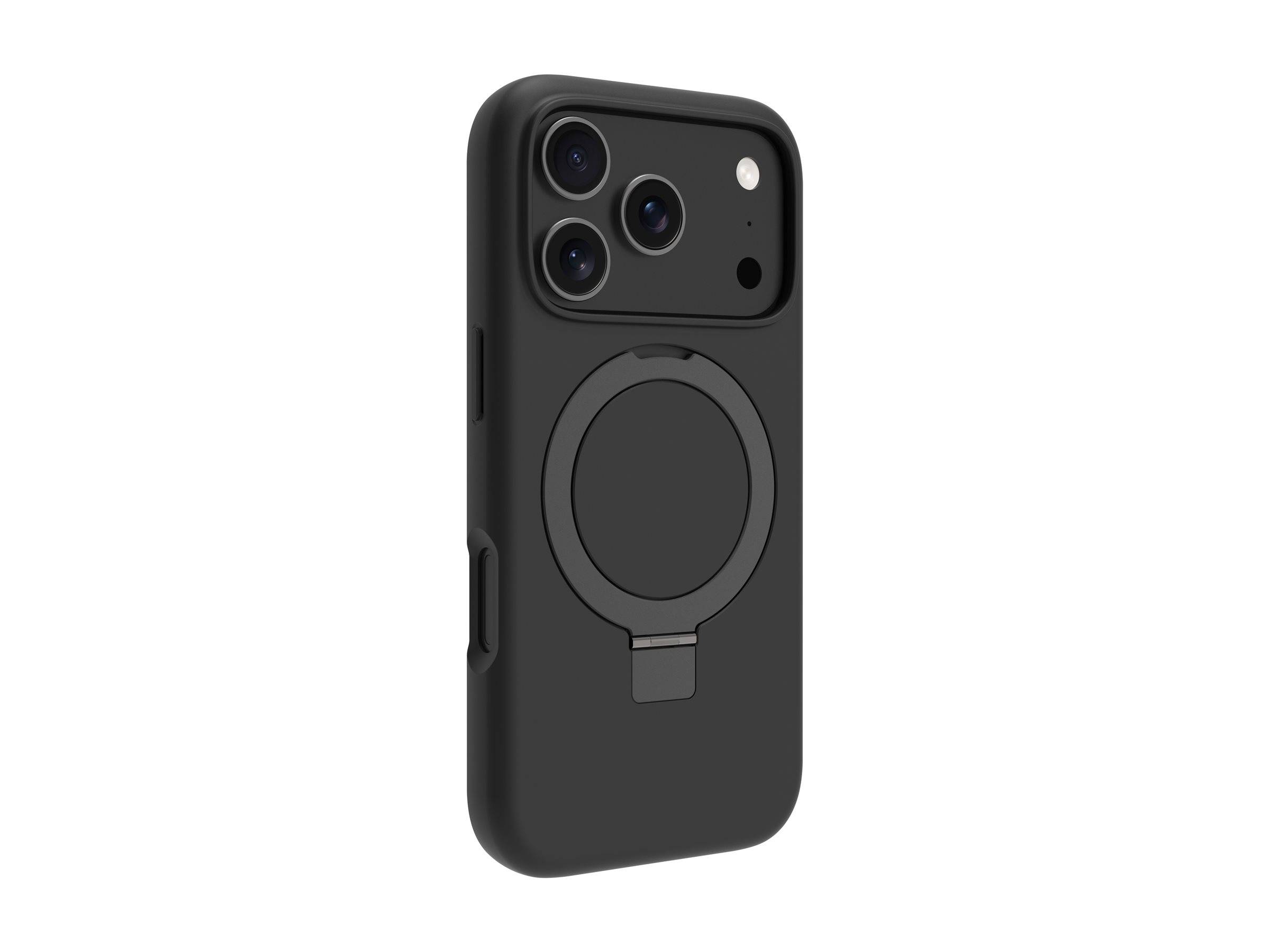 Ein schwarzes Smartphone-Gehäuse mit einem kreisförmigen Ring und drei Kameraausschnitten, entwickelt für sicheren Halt und Schutz.