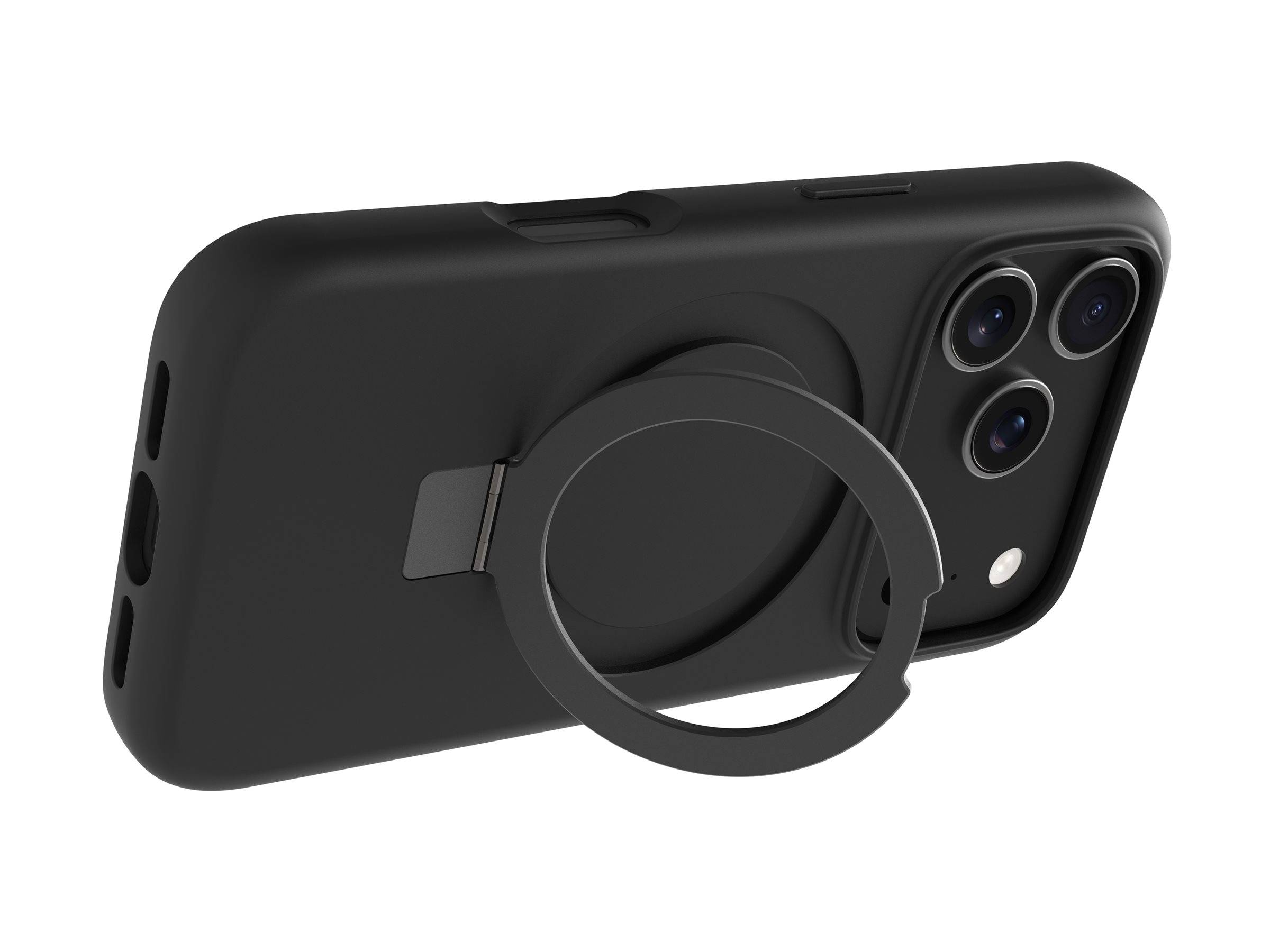Ein schwarzes Smartphone-Etui mit integriertem rundem Ringständer wird aus einem schrägen Rückblickwinkel gezeigt. Das dreifache Kamerasystem des Telefons ist sichtbar.