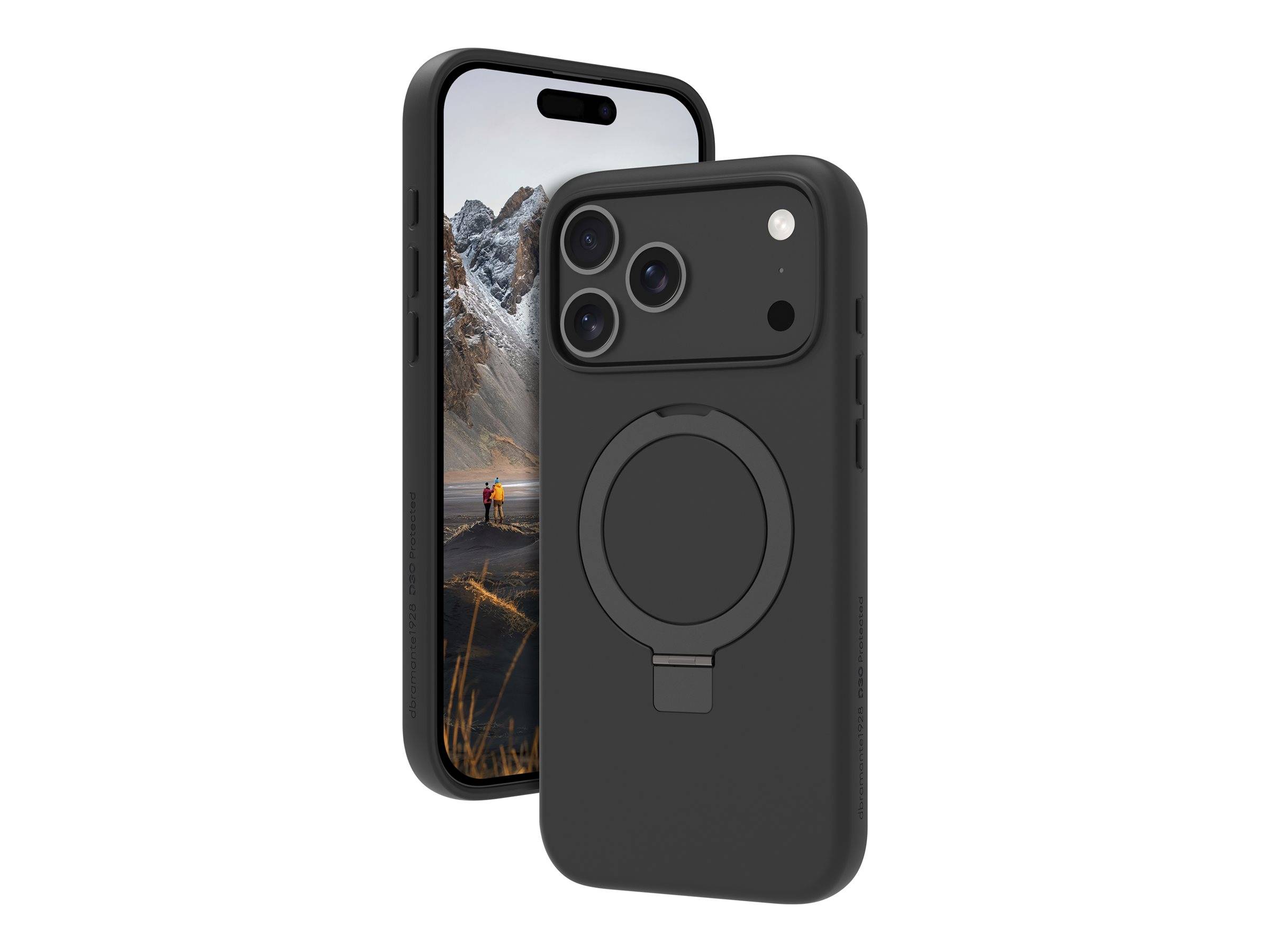 Ein schwarzes Handygehäuse wird von hinten gezeigt, zusammen mit einem Smartphone, das eine malerische Berglandschaft mit einer Person auf einer Straße zeigt.