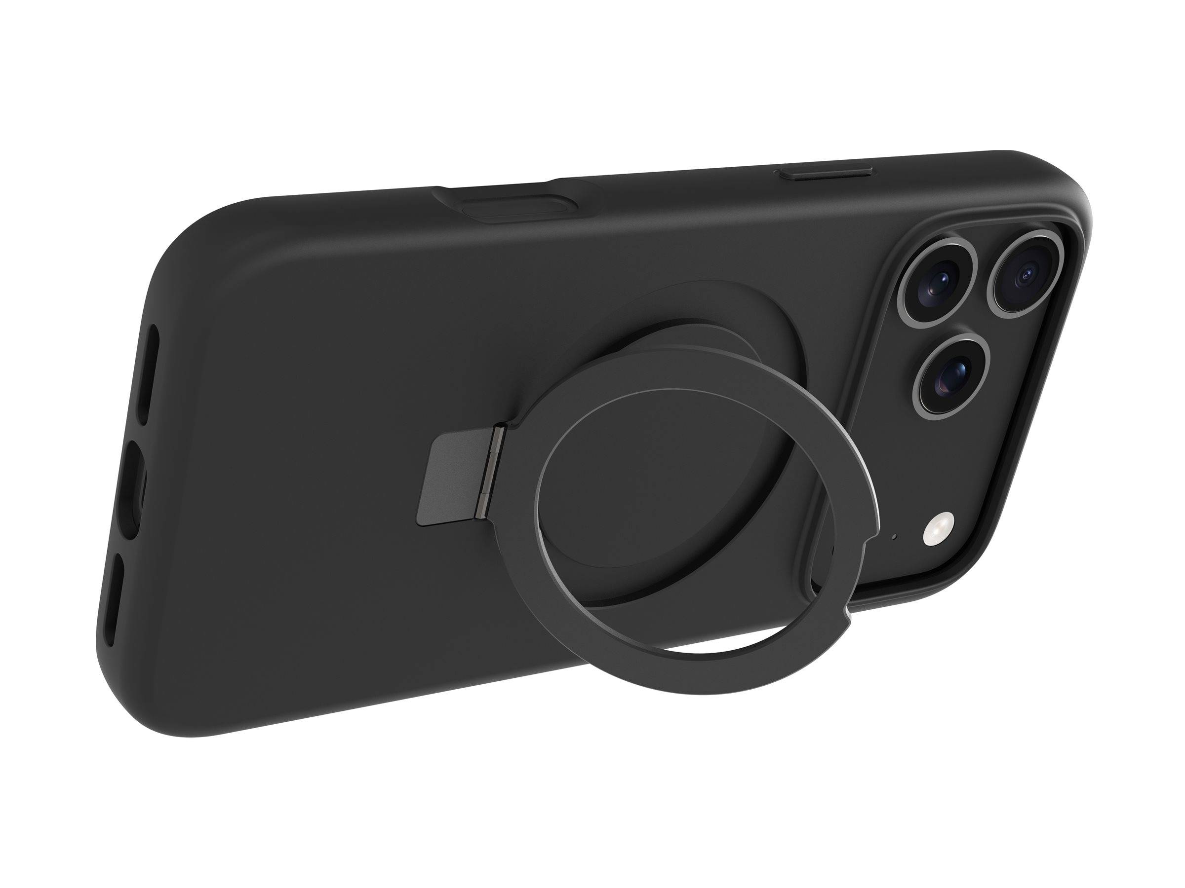 Ein schwarzes Smartphone-Gehäuse mit einem integrierten runden Ständer wird gezeigt, der die horizontale Positionierung des Geräts unterstützt und präzise Kameraausschnitte aufweist.