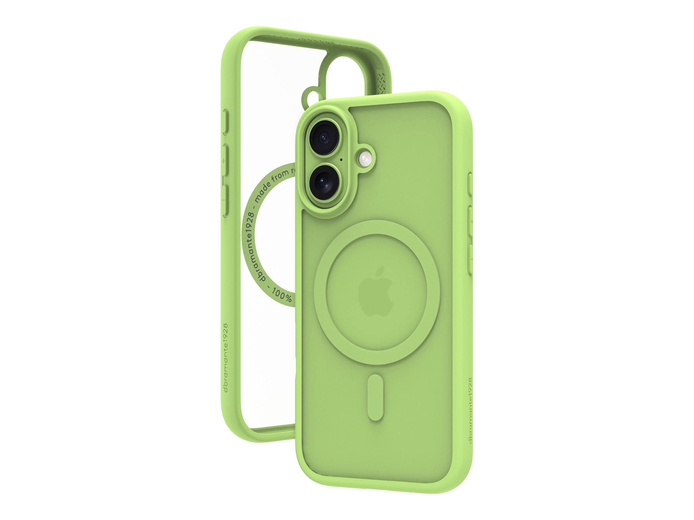 Zwei limettenfarbene iPhone-Hüllen, von vorne und hinten gezeigt, mit einem kreisförmigen Ring im MagSafe-Stil und erhöhtem Kamerasschutz.