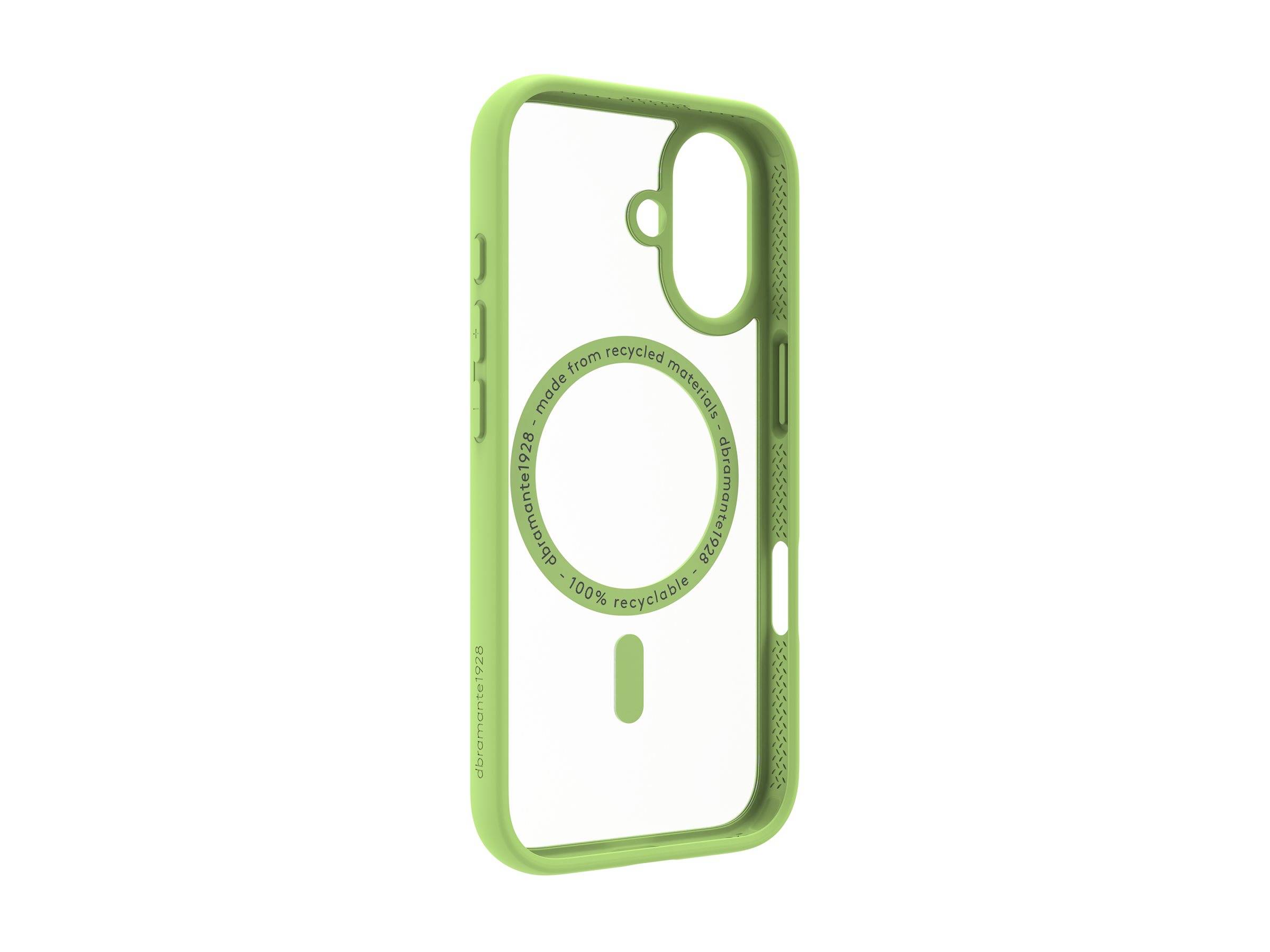 Grüne Handyhülle, hergestellt aus 100% recycelten Materialien. Ausgestattet mit einer MagSafe-kompatiblen kreisförmigen Rückseite für drahtloses Laden.