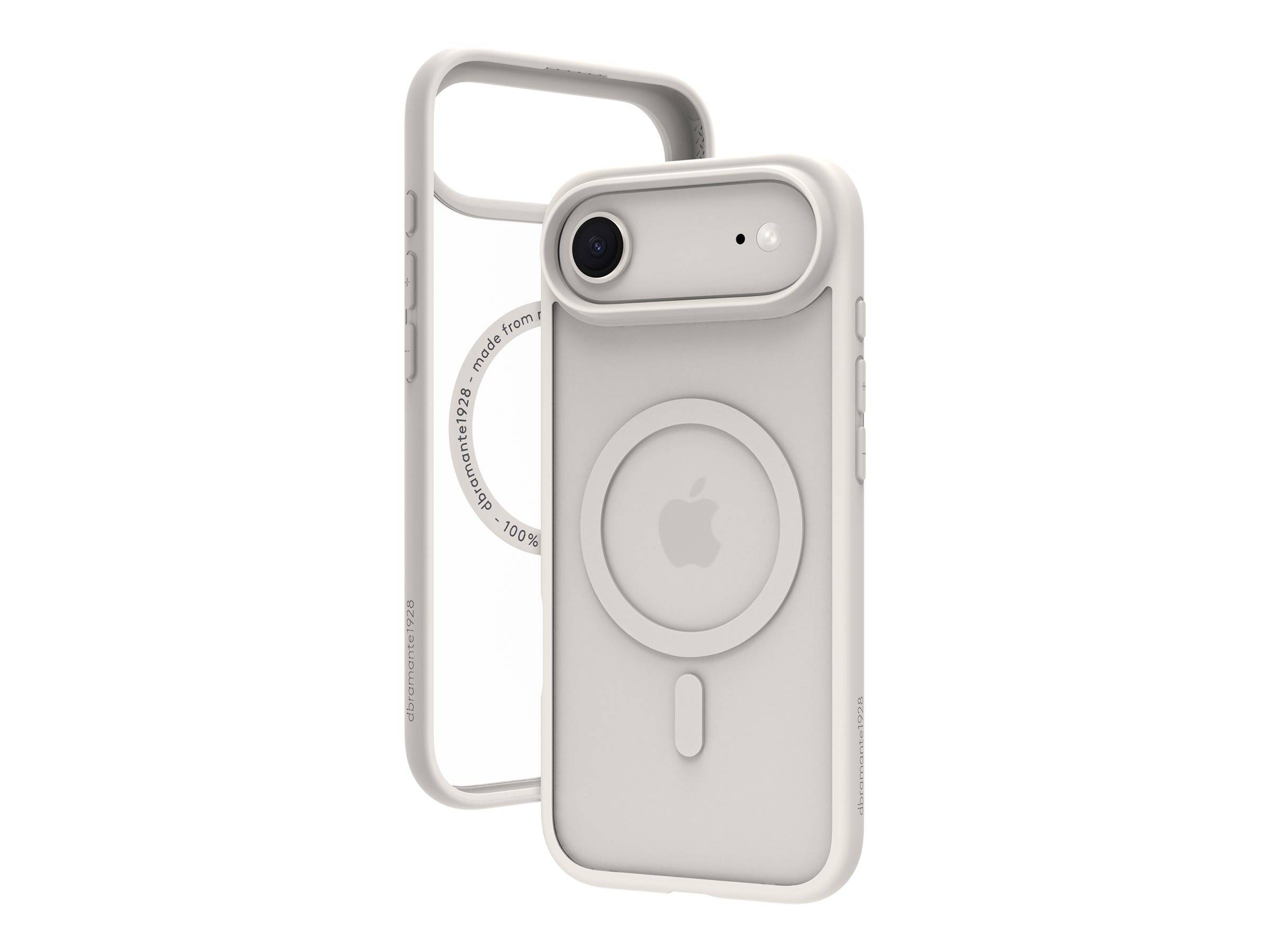 Weißes iPhone-Gehäuse aus 100% recycelten Materialien mit kreisförmigem MagSafe-Design und abnehmbarem Rahmen.