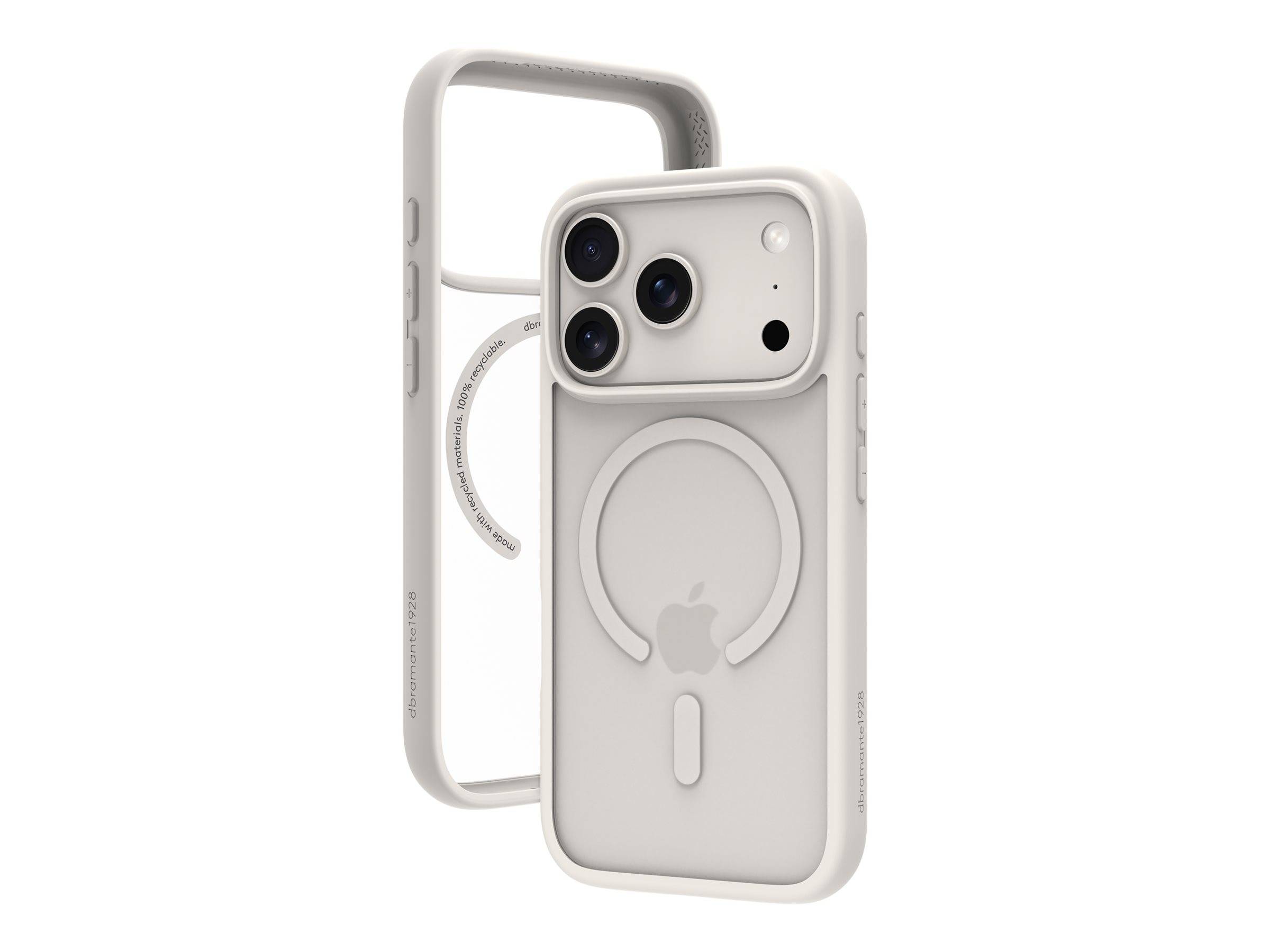 Eine weiße Handyhülle mit MagSafe-Kompatibilität ist zu sehen, die das Apple-Logo und drei Kameraausschnitte aufweist.