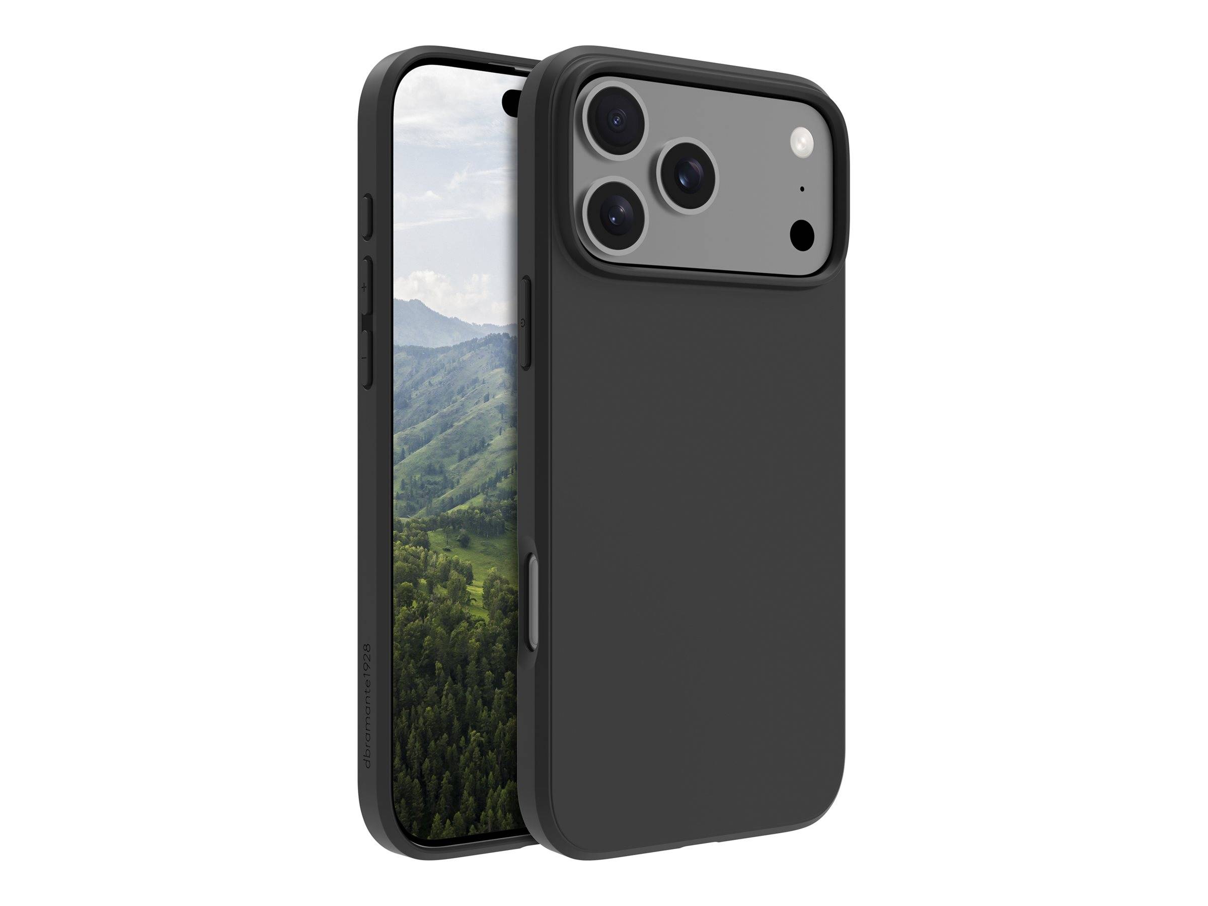 Schwarze Smartphone-Hülle mit erhöhtem Kameraausschnitt, gezeigt auf einem iPhone-ähnlichen Telefon, Vorder- und Rückansicht auf weißem Hintergrund.