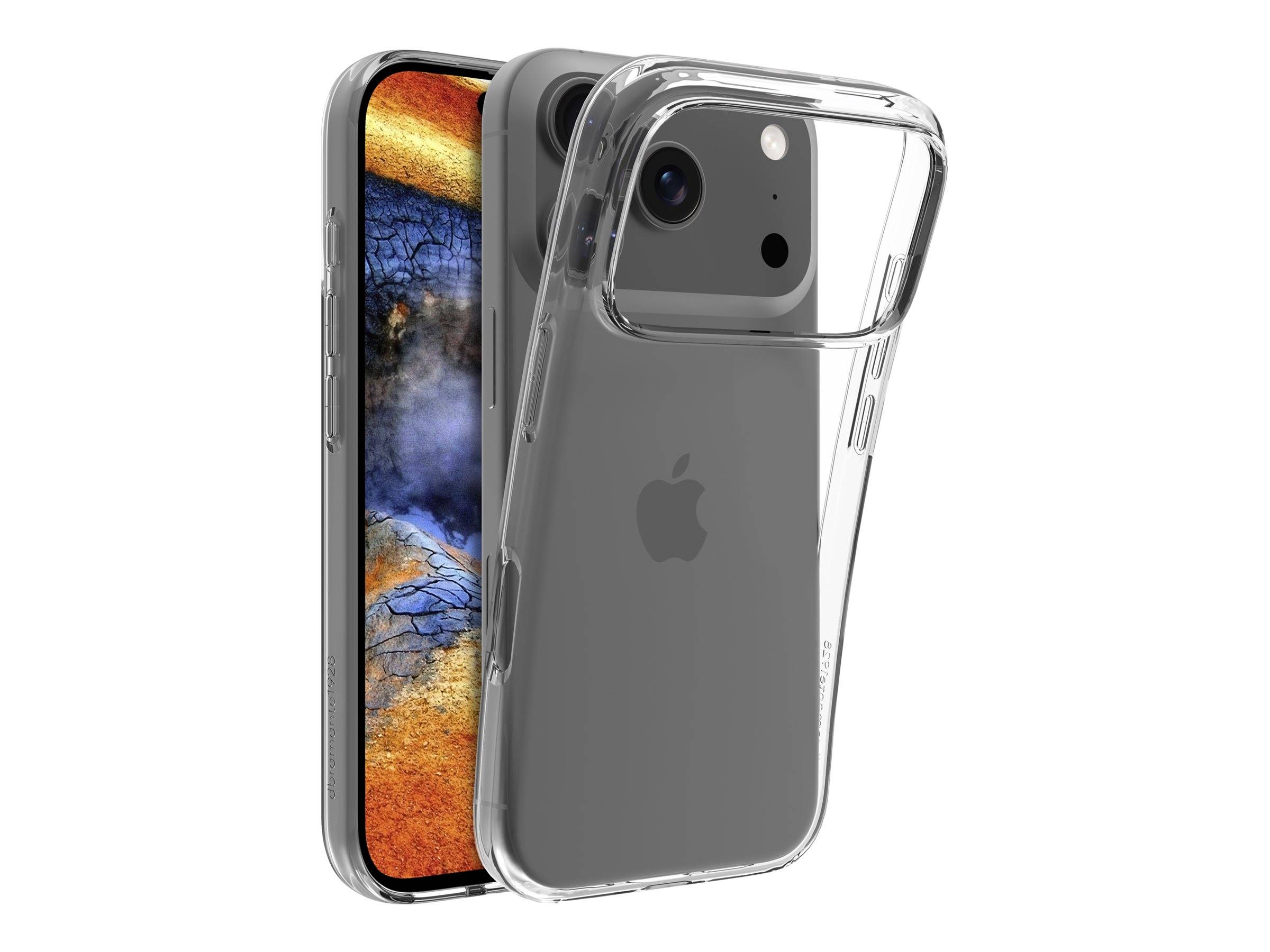 Ein Smartphone mit einer transparenten Schutzhülle, das die Kameraobjektive und den Bildschirm des Geräts präsentiert. Der Hintergrund zeigt abstrakte Texturen.