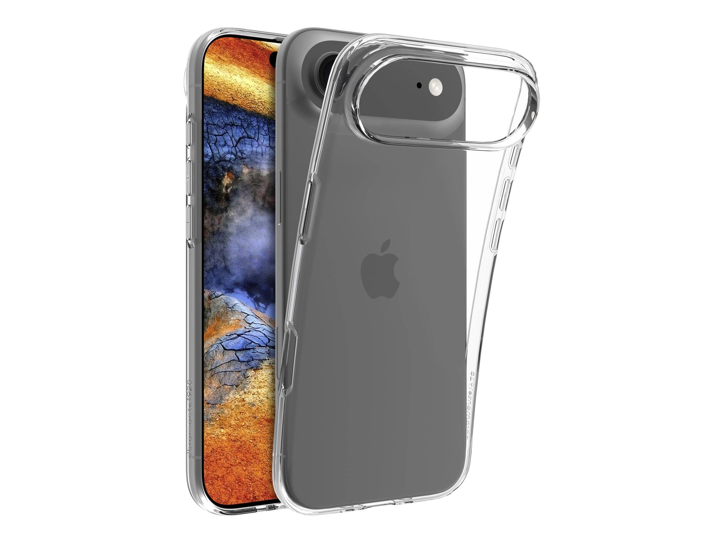 Zwei iPhones nebeneinander dargestellt, eines von vorne und eines von hinten, beide in durchsichtigen Schutzhüllen.