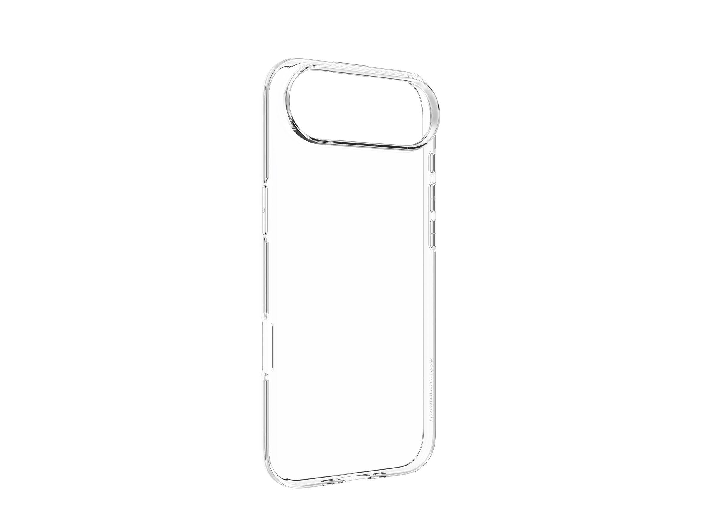 Durchsichtige Smartphone-Hülle mit präzisen Ausschnitten für Tasten und Kamera, vor einem weißen Hintergrund hervorgehoben.