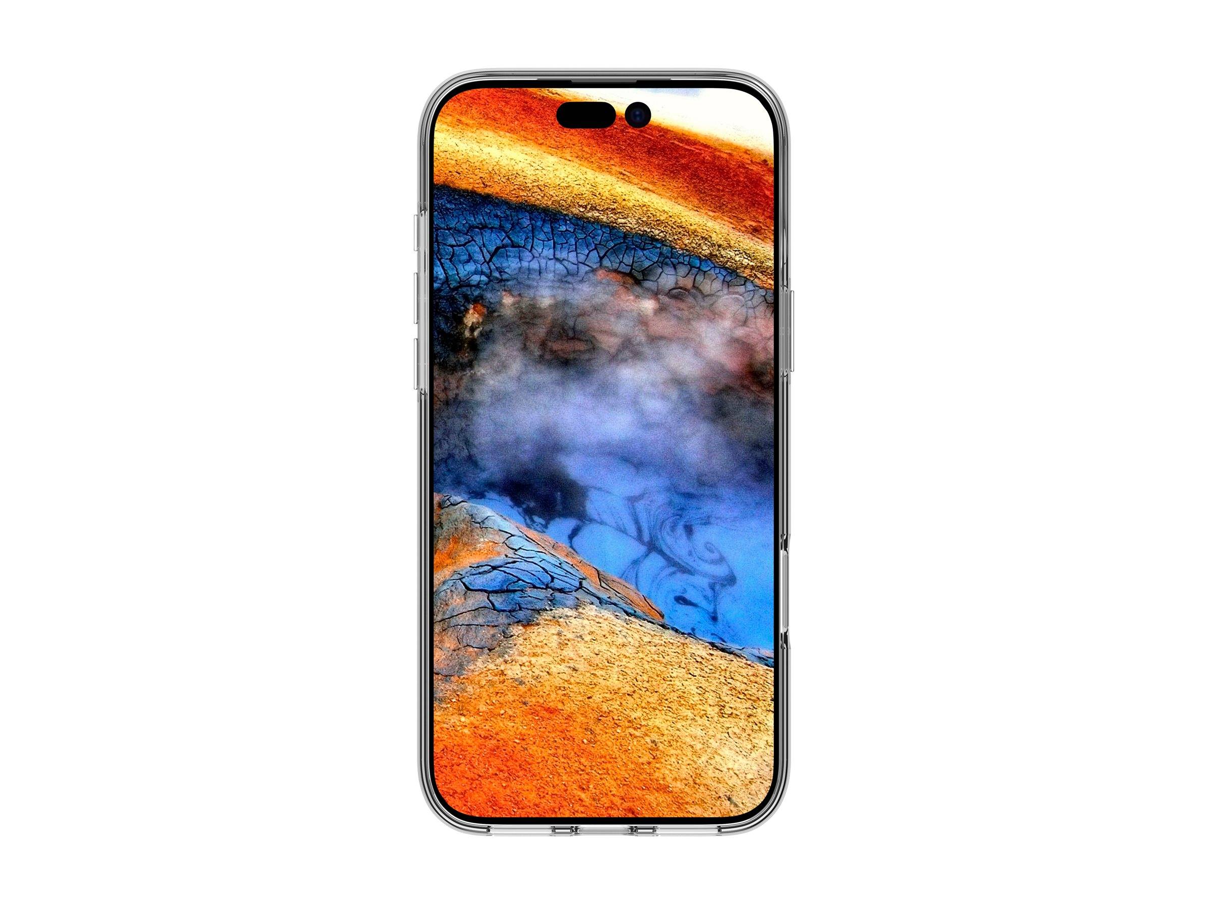 Ein Smartphone, das ein abstraktes Bild mit einem bunten, wirbelnden Muster zeigt, das einem geothermischen Geysir ähnelt und Orange- und Blautöne aufweist.