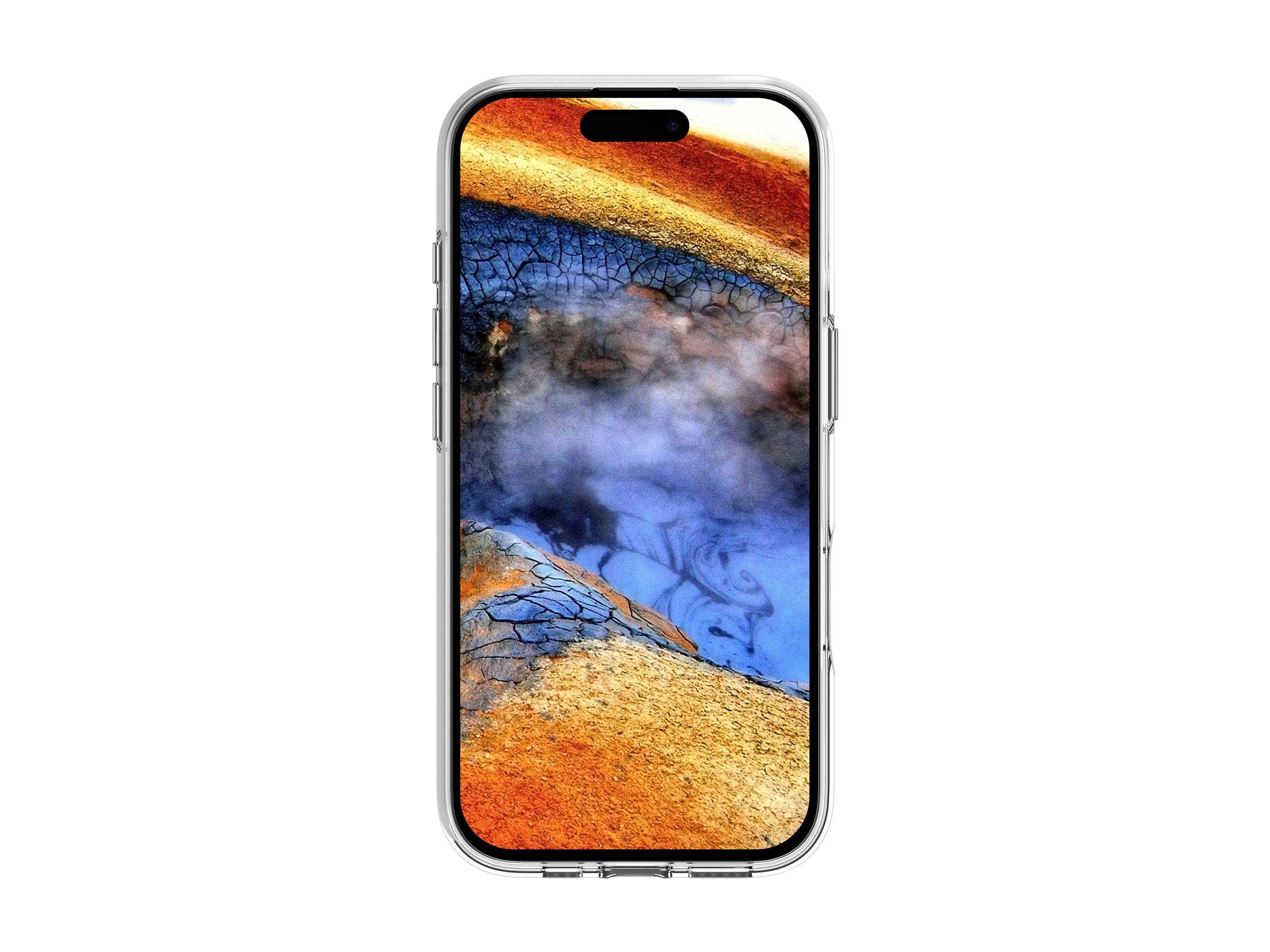 Ein Smartphone zeigt ein abstraktes Bild, das einer lebhaften Landschaft mit orange und blauen Nuancen ähnelt und möglicherweise natürliche Szenerie hervorruft.