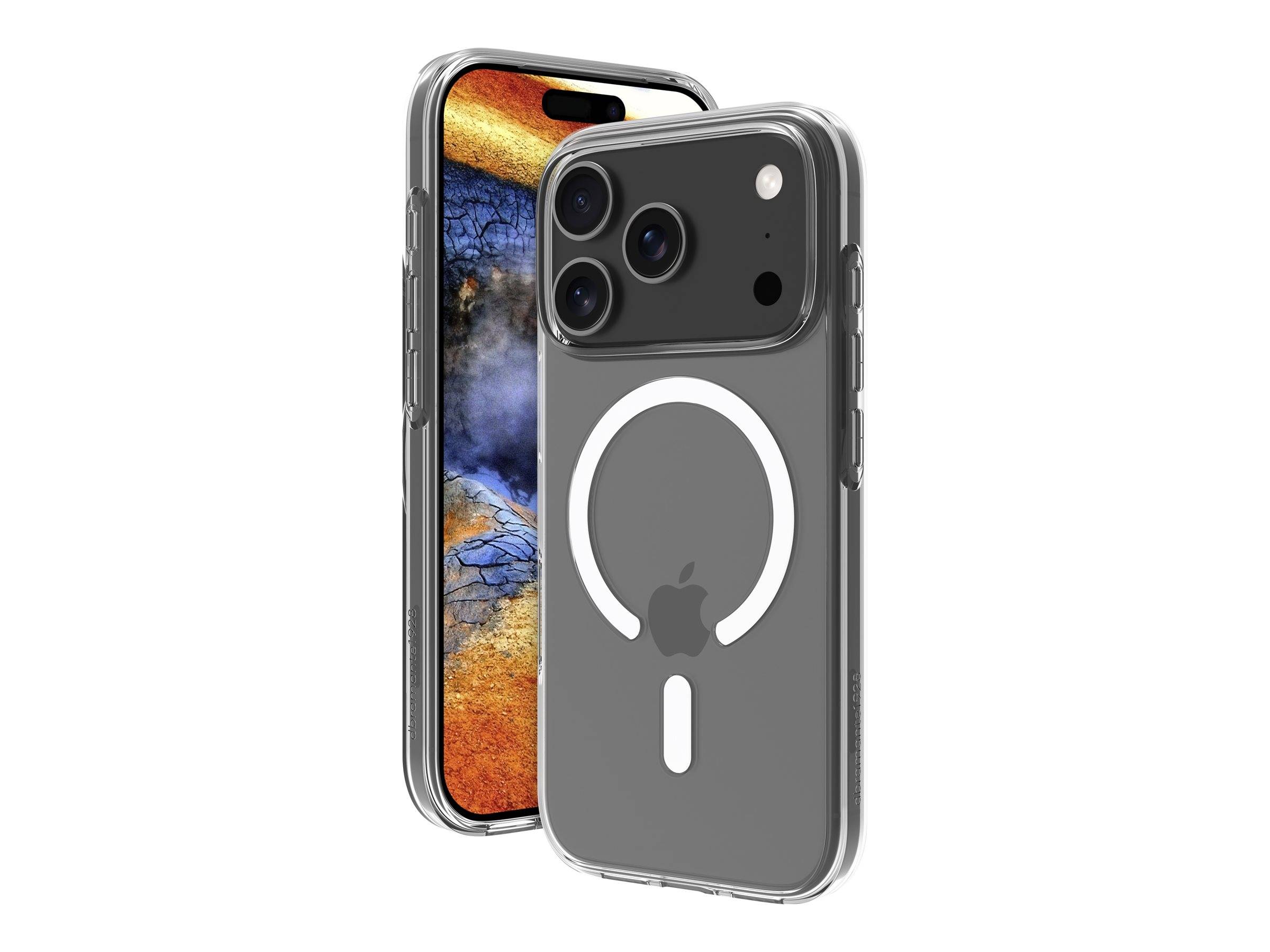 Ein Smartphone mit einer Triple-Kamera-Anordnung und einem Ringdesign auf der Rückseite, in einem transparenten Gehäuse präsentiert; ein weiteres Telefon zeigt einen farbenfrohen Bildschirm.