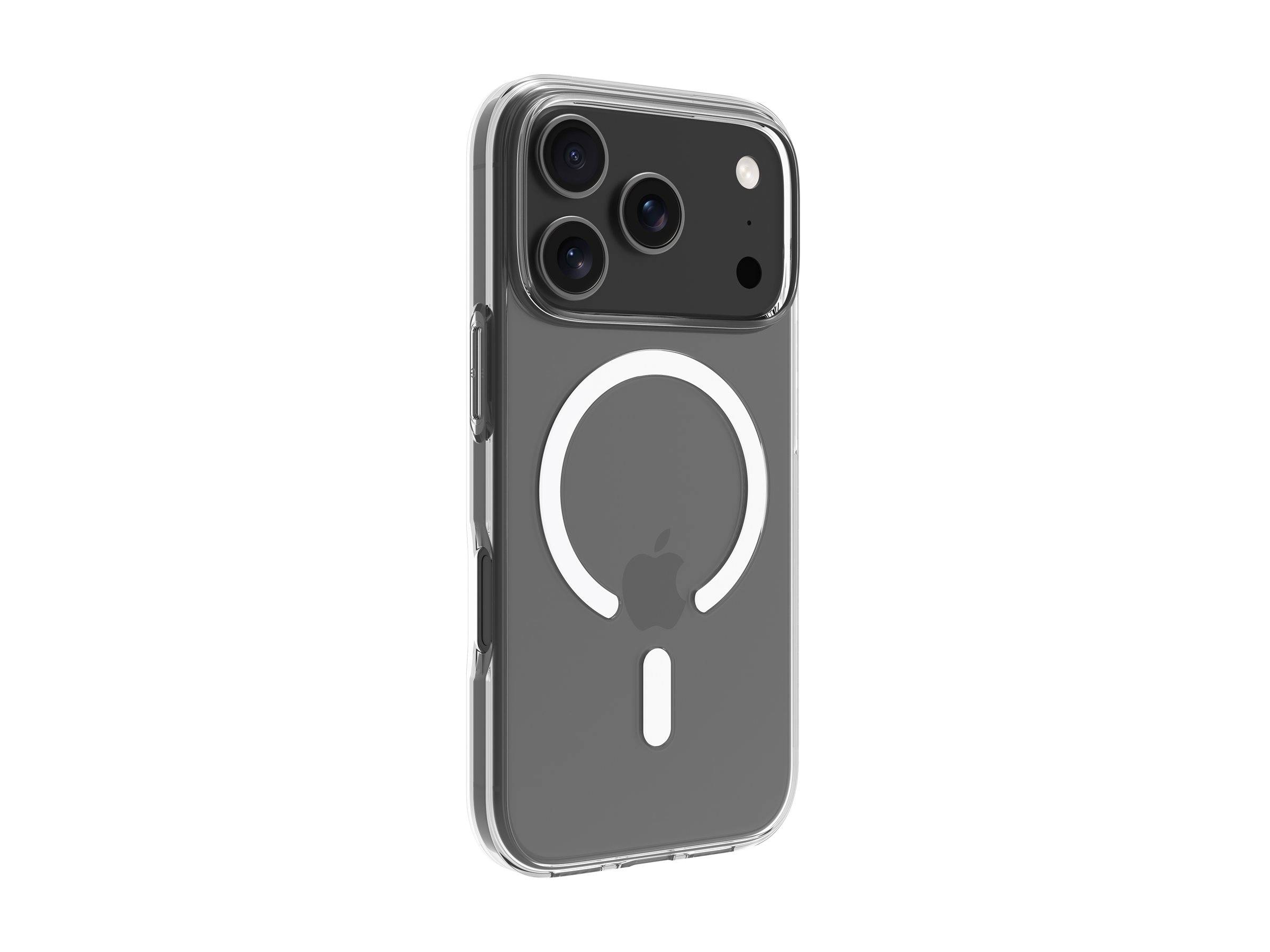 Eine durchsichtige Handyhülle mit einem kreisförmigen MagSafe-Ausrichtungsaufdruck auf der Rückseite, die die Kompatibilität für ein Apple-Gerät mit drei Kameraobjektiven zeigt.