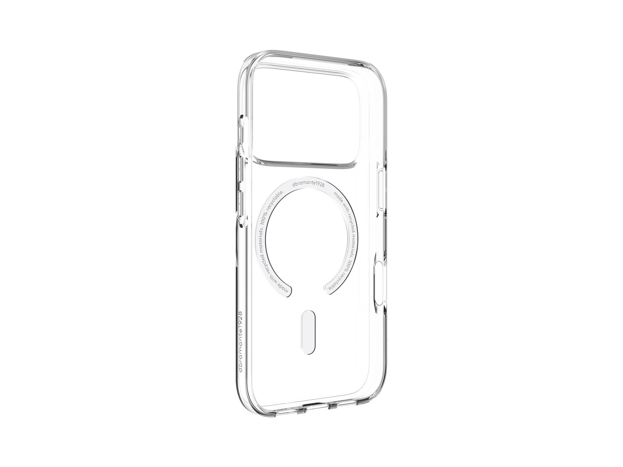 Eine transparente Handyhülle mit präzisen Aussparungen für Kamera und Tasten, die auf der Rückseite einen kreisförmigen magnetischen Ring aufweist, der höchstwahrscheinlich für MagSafe-Kompatibilität ausgelegt ist.