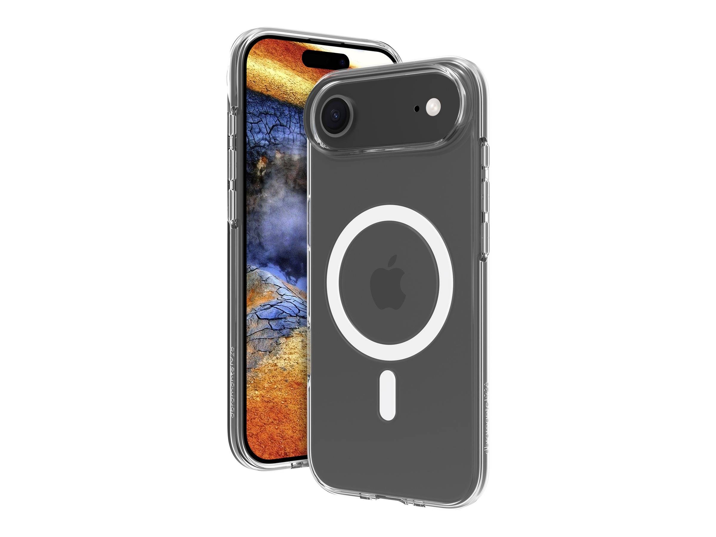Zwei iPhones in durchsichtigen Schutzhüllen, eines zeigt die Rückseite mit MagSafe-Ring und Kamera, das andere die Vorderseite mit einem farbenfrohen Display.