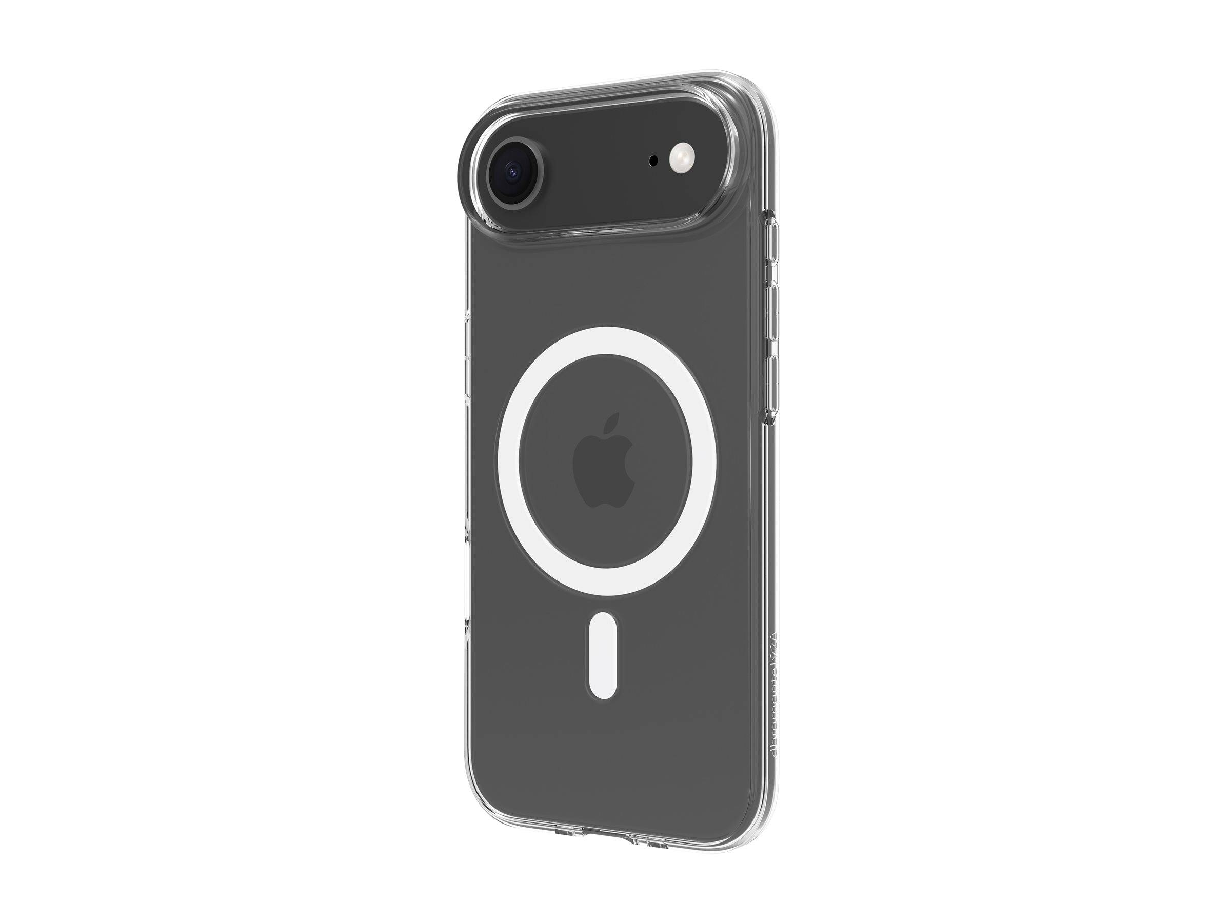 Eine transparente Handyhülle mit einem weißen MagSafe-Ring und einem Apple-Logo, die die Kompatibilität mit drahtlosem Laden hervorhebt.