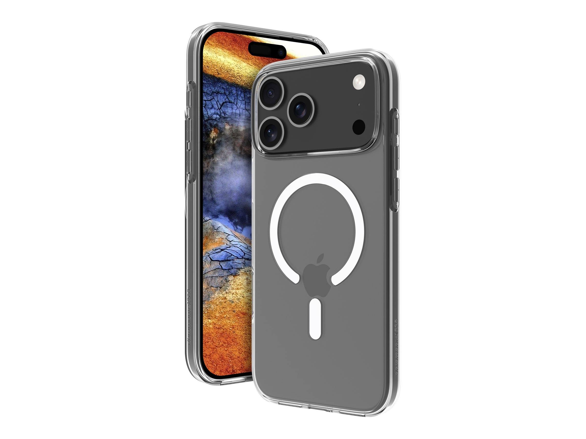 Zwei moderne Smartphones, die Vorder- und Rückseite zeigen. Die Vorderseite zeigt ein lebendiges Wallpaper; auf der Rückseite befindet sich ein MagSafe-Logo.