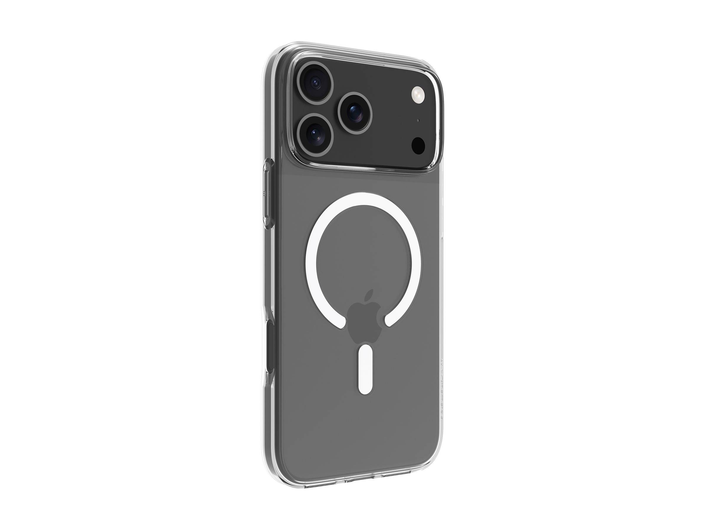 Eine durchsichtige Handyhülle mit einem MagSafe-Design auf der Rückseite, das ein Apple-Logo zeigt. Die Hülle ist auf einem Smartphone mit drei Rückkameras aufgesetzt.