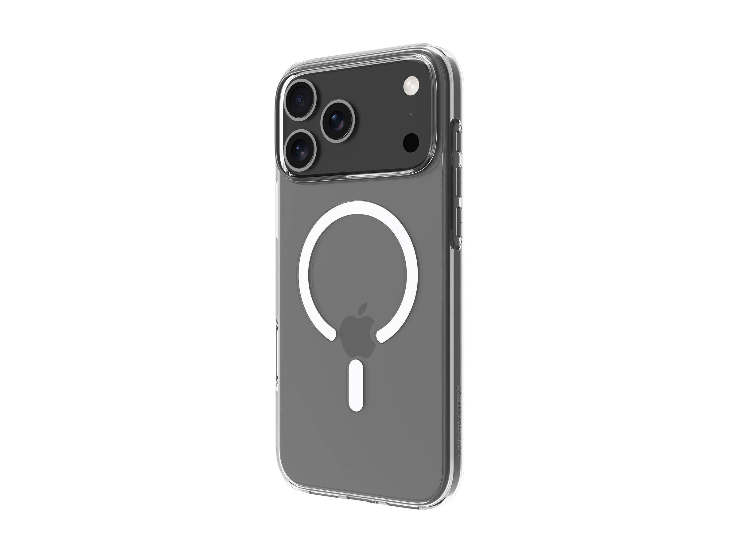 Transparente Schutzhülle für ein Smartphone mit einem MagSafe-kompatiblen Ring auf der Rückseite. Das Telefon zeigt ein dreifaches Kamerasystem.