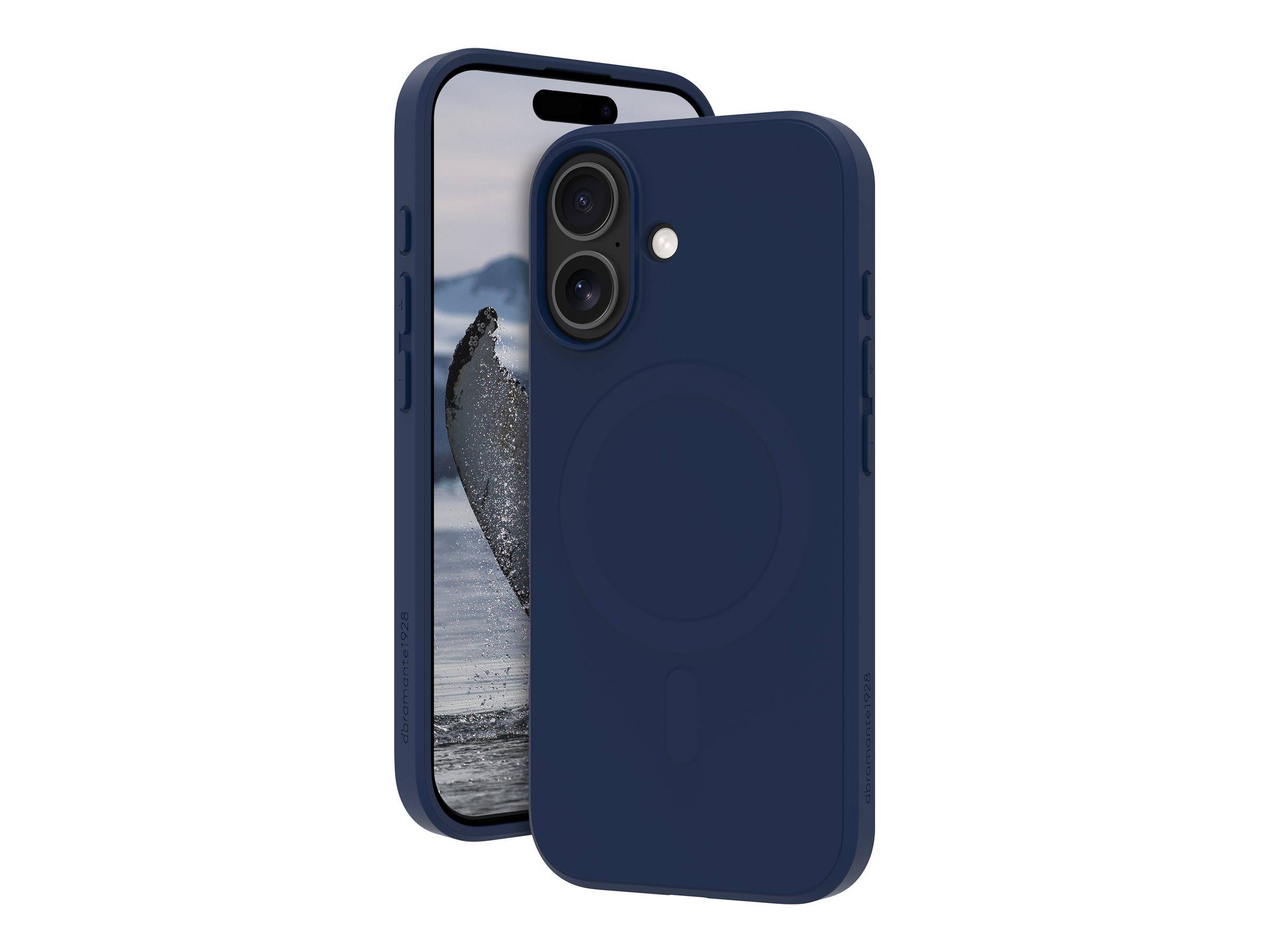 Zwei marineblau Smartphones mit passendem Etui, von vorne und hinten auf weißem Hintergrund gezeigt; der vordere Bildschirm zeigt ein Walbild.