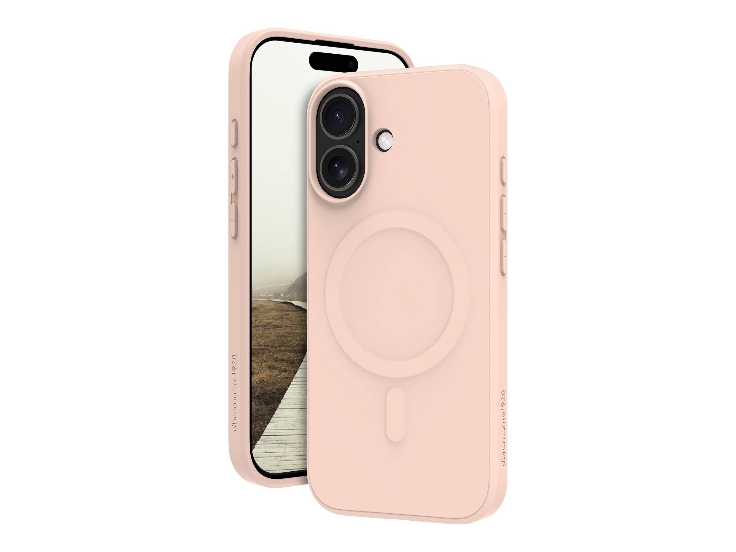 Zwei rosafarbene Smartphone-Hüllen von vorne und hinten gezeigt, mit einem erhabenen kreisförmigen MagSafe-Ring und entsprechenden Kameraaussparungen.