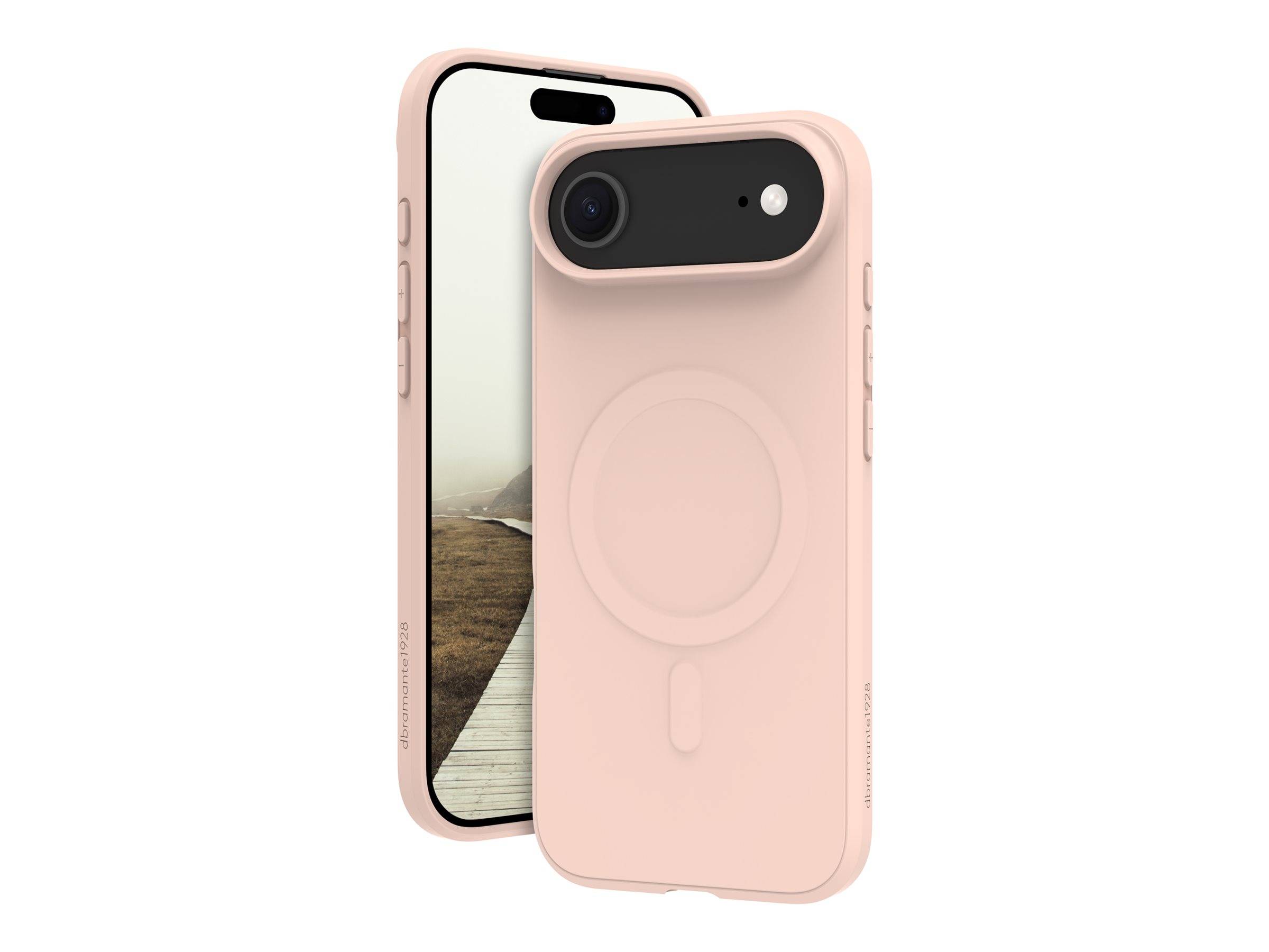 Zwei hellrosa Smartphone-Hüllen in Vorder- und Rückansicht mit einem erhabenen kreisförmigen MagSafe-Ring auf der Rückseite.