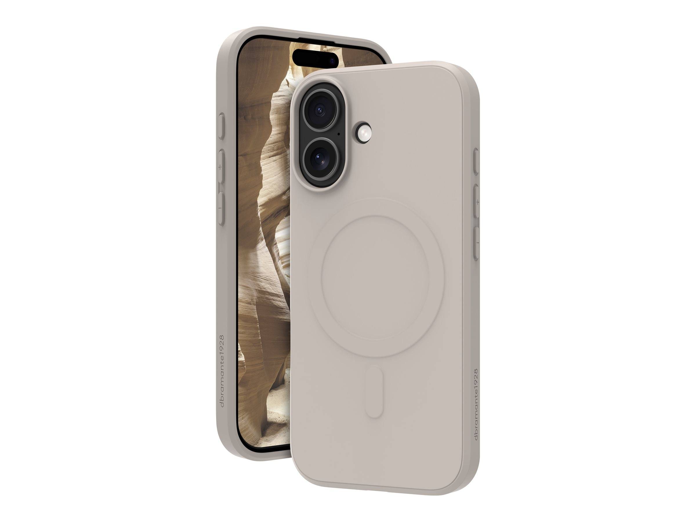 „Eine beige Schutzhülle für ein iPhone 15, ausgestattet mit einem MagSafe-kompatiblen Ring auf der Rückseite und Aussparungen für die Dual-Kamera.