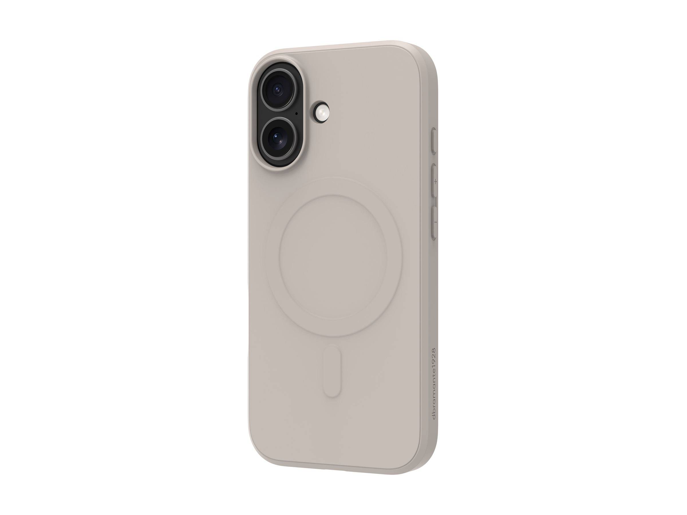 Ein beige Smartphone mit zwei Rückkameras und einem kreisförmigen Design nahe der Mitte, von hinten betrachtet, das seinen minimalistischen Stil betont.