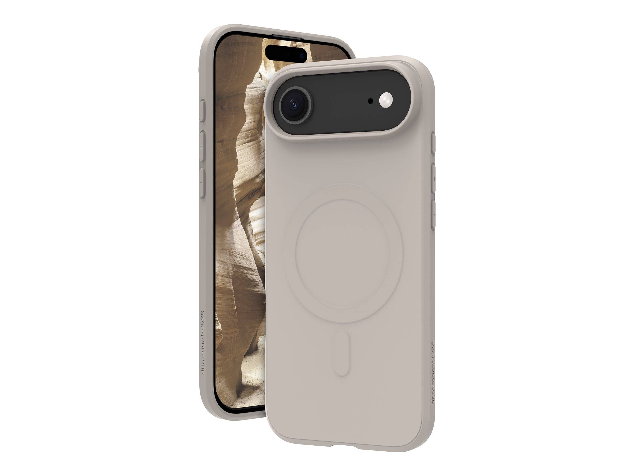 Zwei beige Smartphone-Hüllen, eine zeigt die Vorderseite mit einer Canyon-Tapete, die andere die Rückseite mit einem kreisförmigen Design für MagSafe-Ladung.