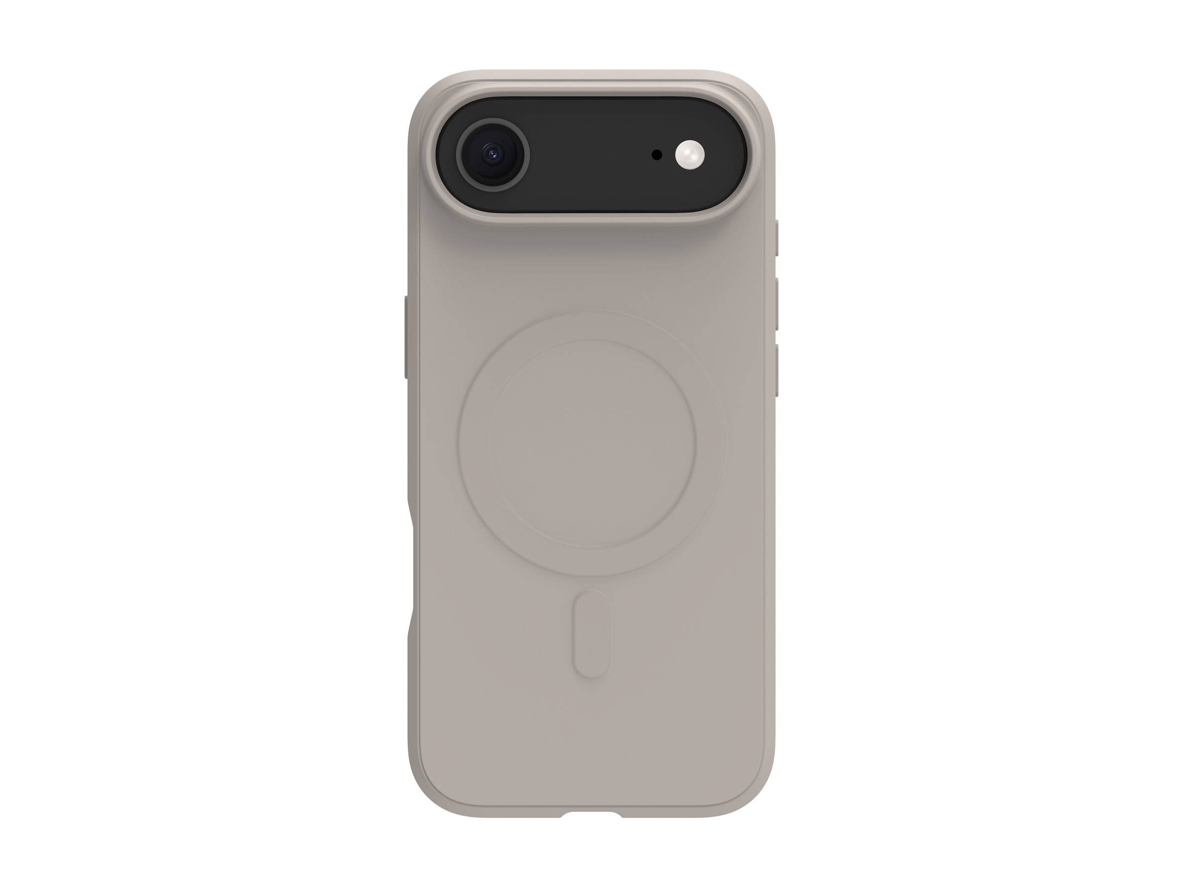 Eine beige Handyhülle mit einer kreisförmigen Designstruktur auf der Rückseite, passend für ein Smartphone mit einer einzelnen Rückkamera und Blitzeinheit.