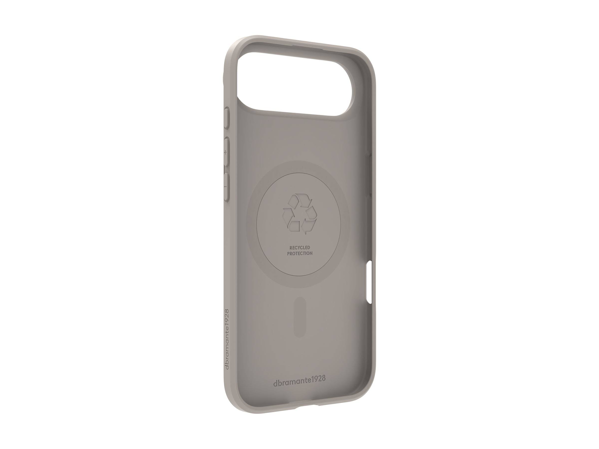 Eine beige Handyhülle mit einer großen Öffnung für die Kamera und Tasten an der Seite. Sie trägt das Recycling-Symbol und den Text ‚Recycelte Schutzausrüstung'.
