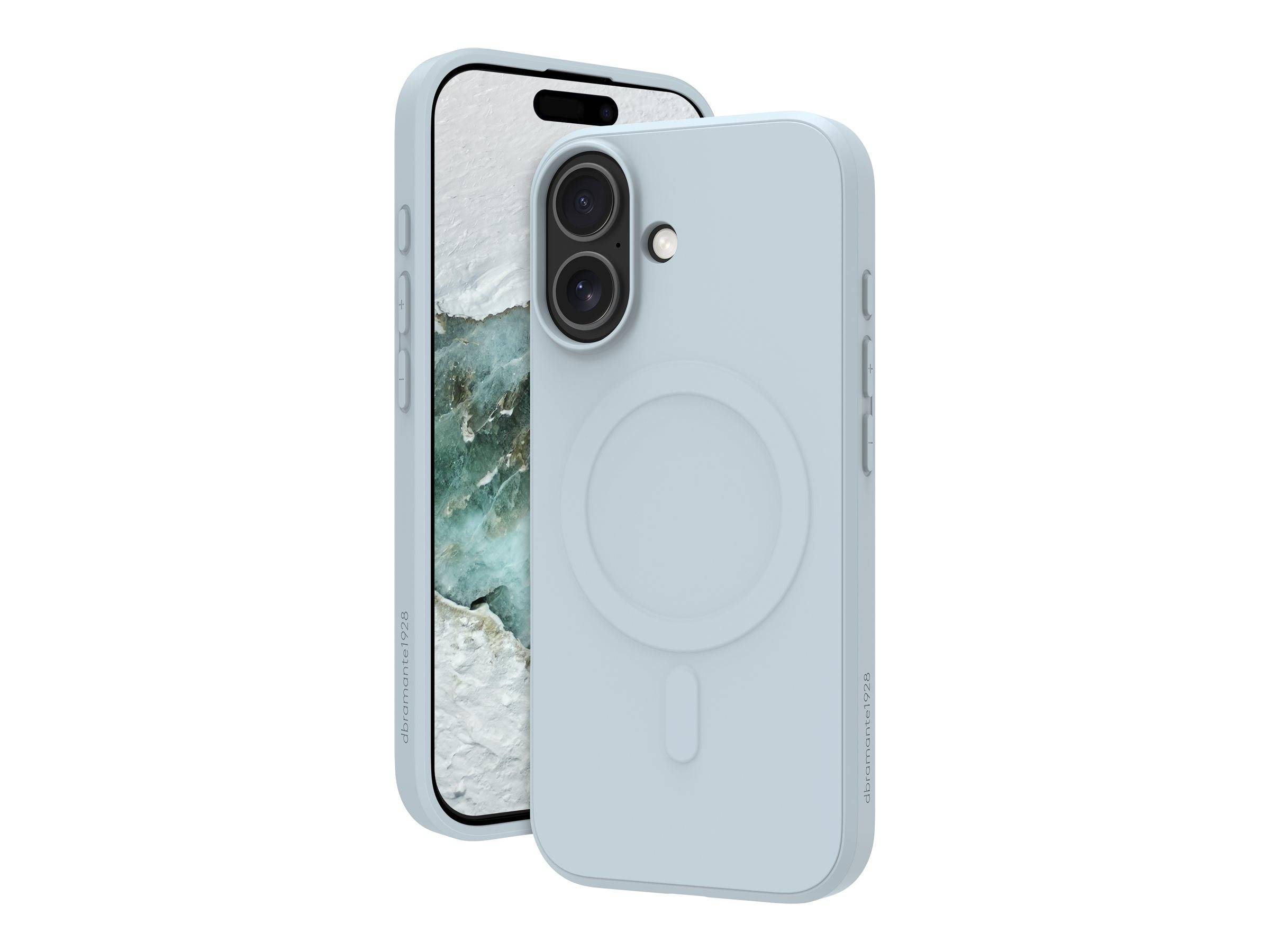 Zwei Smartphones mit hellblauen Hüllen, eines mit einem gesprungenen Marmor-Hintergrund auf dem Bildschirm und das andere mit einem kreisförmigen Muster auf der Rückseite.